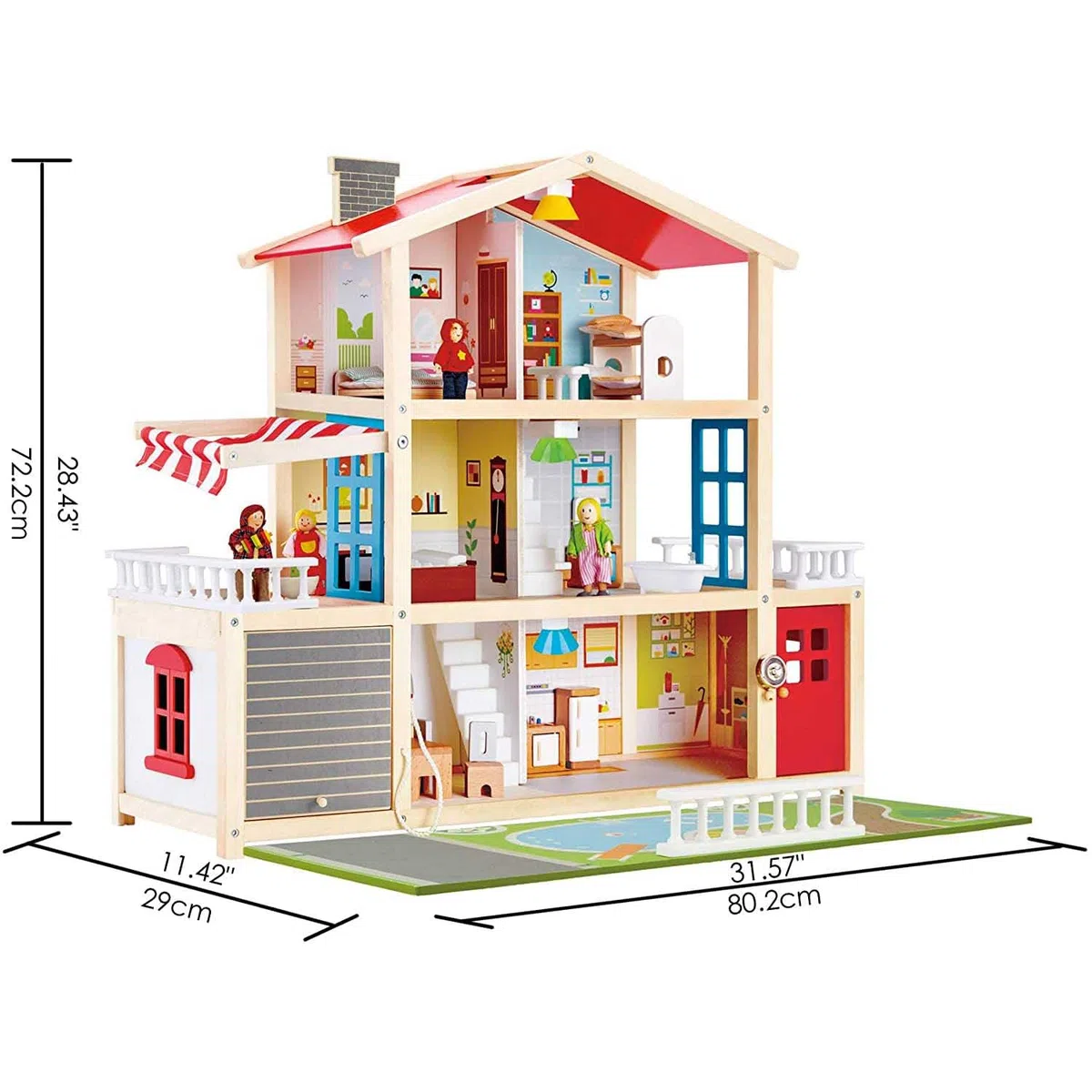 Hape Villa delle bambole | Casa arredata per gioco di ruolo | Casa giocattolo a tre piani in legno | Per bambini dai 3 anni