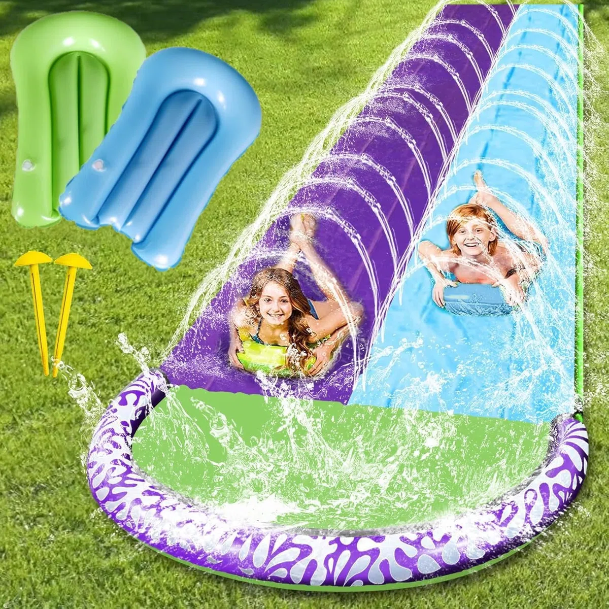 Doppio Scivolo ad Acqua 480 cm con 2 Bodyboards Scivolo Acquatico Giardino Piscina Fuori Terra per Bambini e Adulti