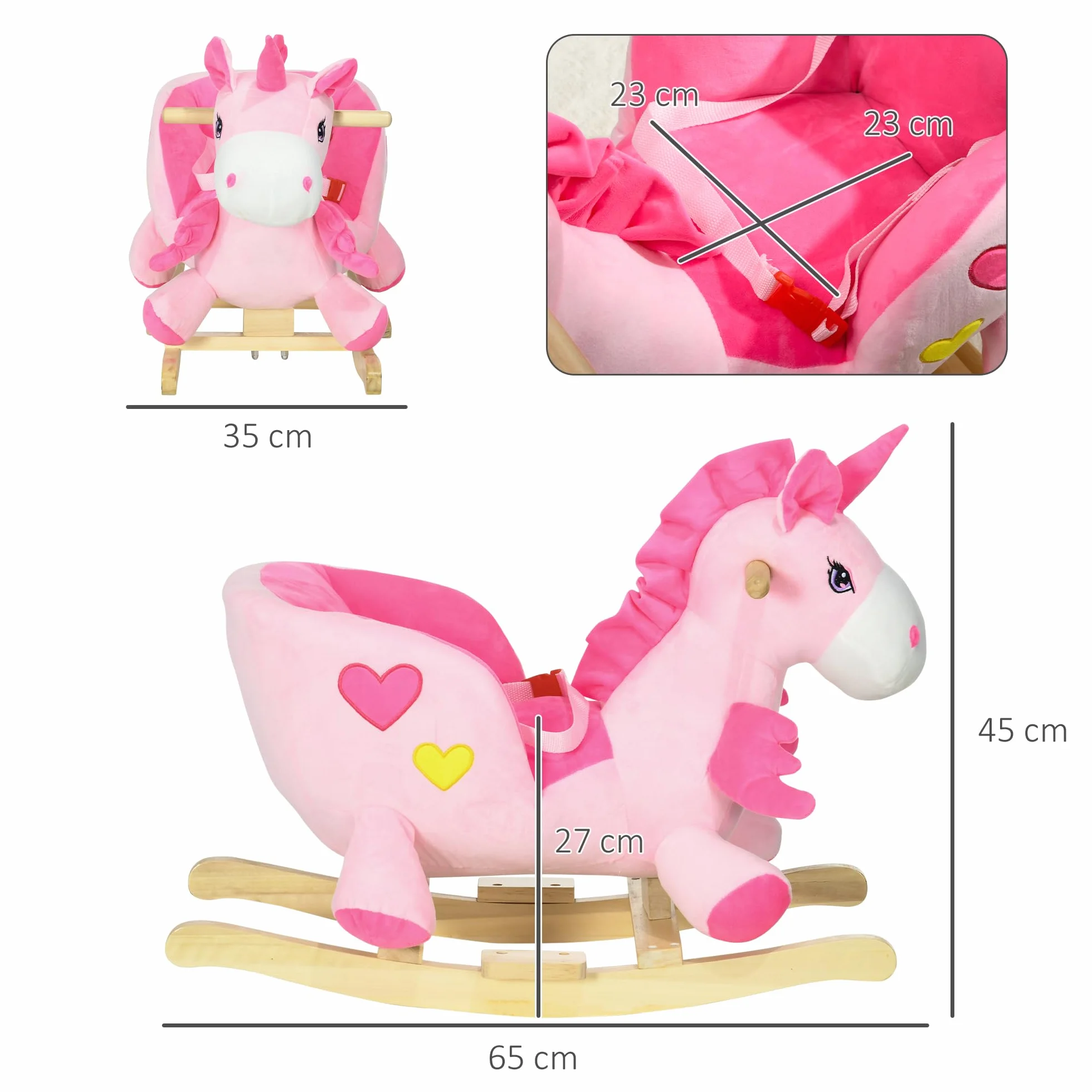 HOMCOM Cavallo a Dondolo con 32 Canzoni, Unicorno a Dondolo in Peluche con Base in Legno e Cintura di Sicurezza per Bambini da 18-36 Mesi, Rosa