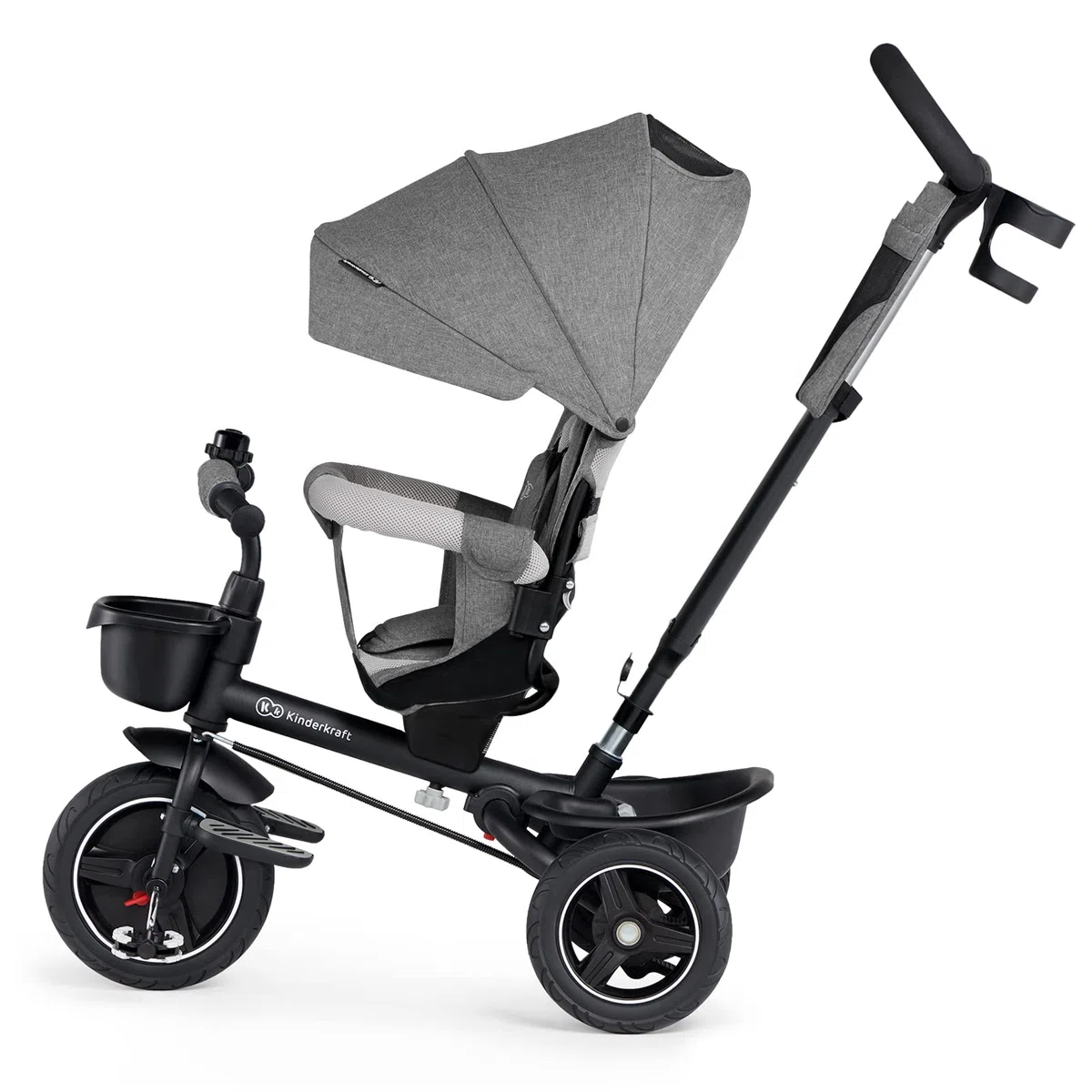 Kinderkraft SPINSTEP Triciclo bambini dai 9 Mesi con Maniglione, Cappottina impermeabile con filtro UPF50+, Pieghevole, Seduta girevole a 360 gradi, Grigio