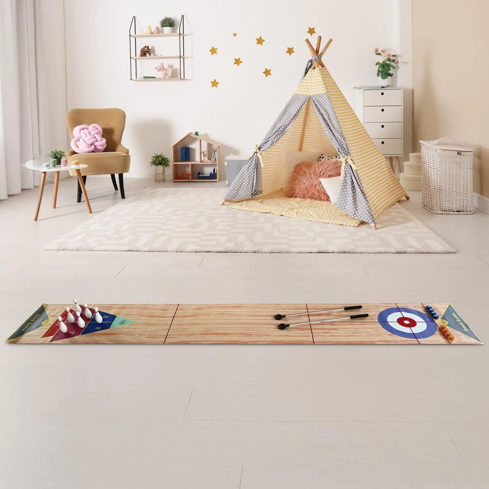 Gioco di quilling 3 in 1, 360 x 57 cm, portatile, gioco di birilli da tavolo, set di birilli da curling con 6 bowling e 2 putter per bambini, per feste di famiglia