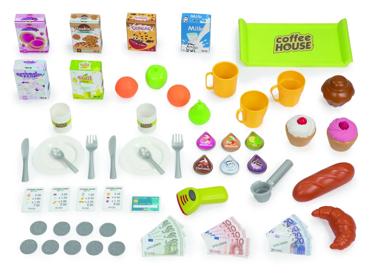 Smoby - Roleplay Coffee House, 7600350232, +3 Anni, 57 Accessori, Macchina del caffè, Registratore di Cassa, H. 89 Cm