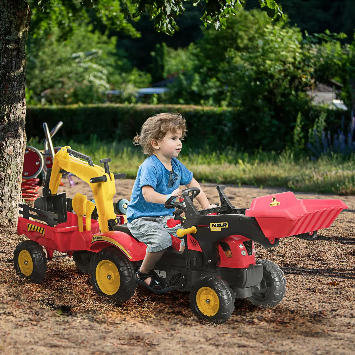 HOMCOM Ruspa Giocattolo a Pedali, Escavatore Cavalcabile per Bambini 179x42x59cm Multicolore