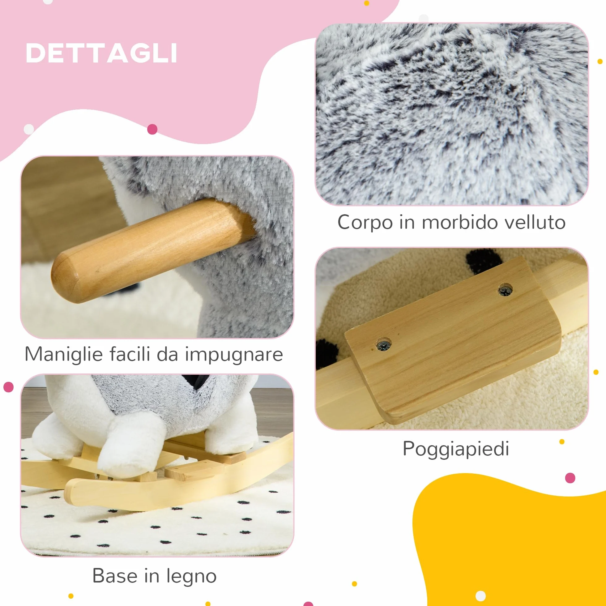 HOMCOM Cavallo a Dondolo per Bambini da 18-36 Mesi, Cavalluccio a Dondolo per Bambini Cavalcabile con Suoni Realistici, 60x33x50 cm, Grigio
