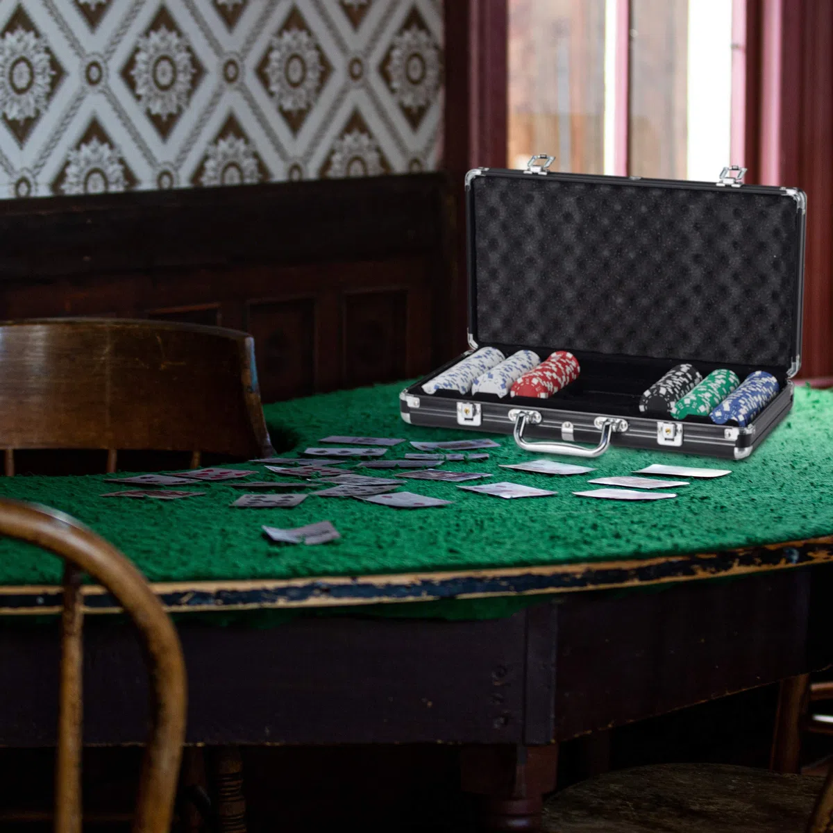 Relaxdays Valigetta Poker Alluminio Nero 300 Chip Laser 2 Mazzi Carte 5 Dadi Richiudibile Portatile