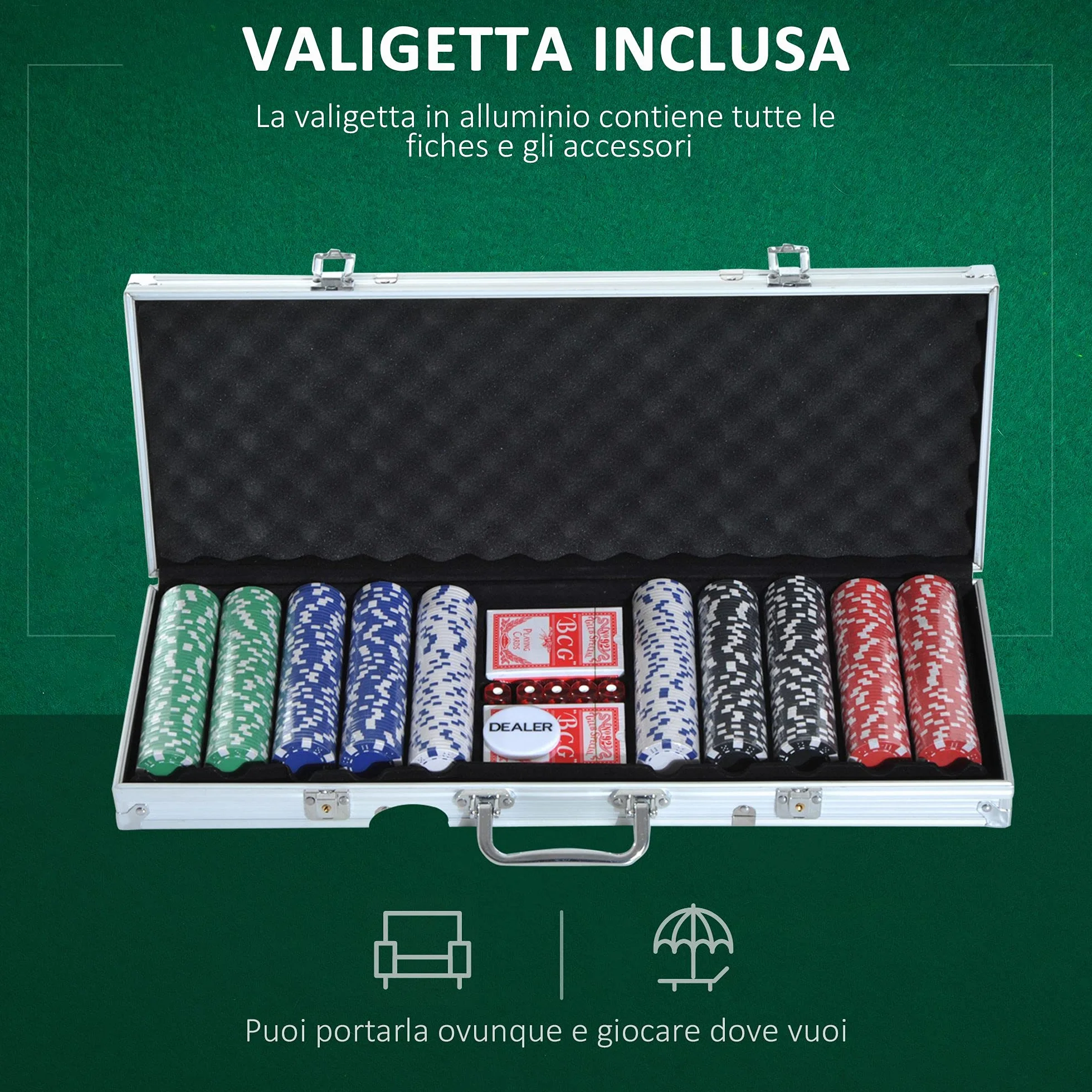 HOMCOM Valigetta Poker Professionale in Alluminio, Set Poker con 500 Fiches e 2 Mazzi per Texas Hold'em e Blackjack