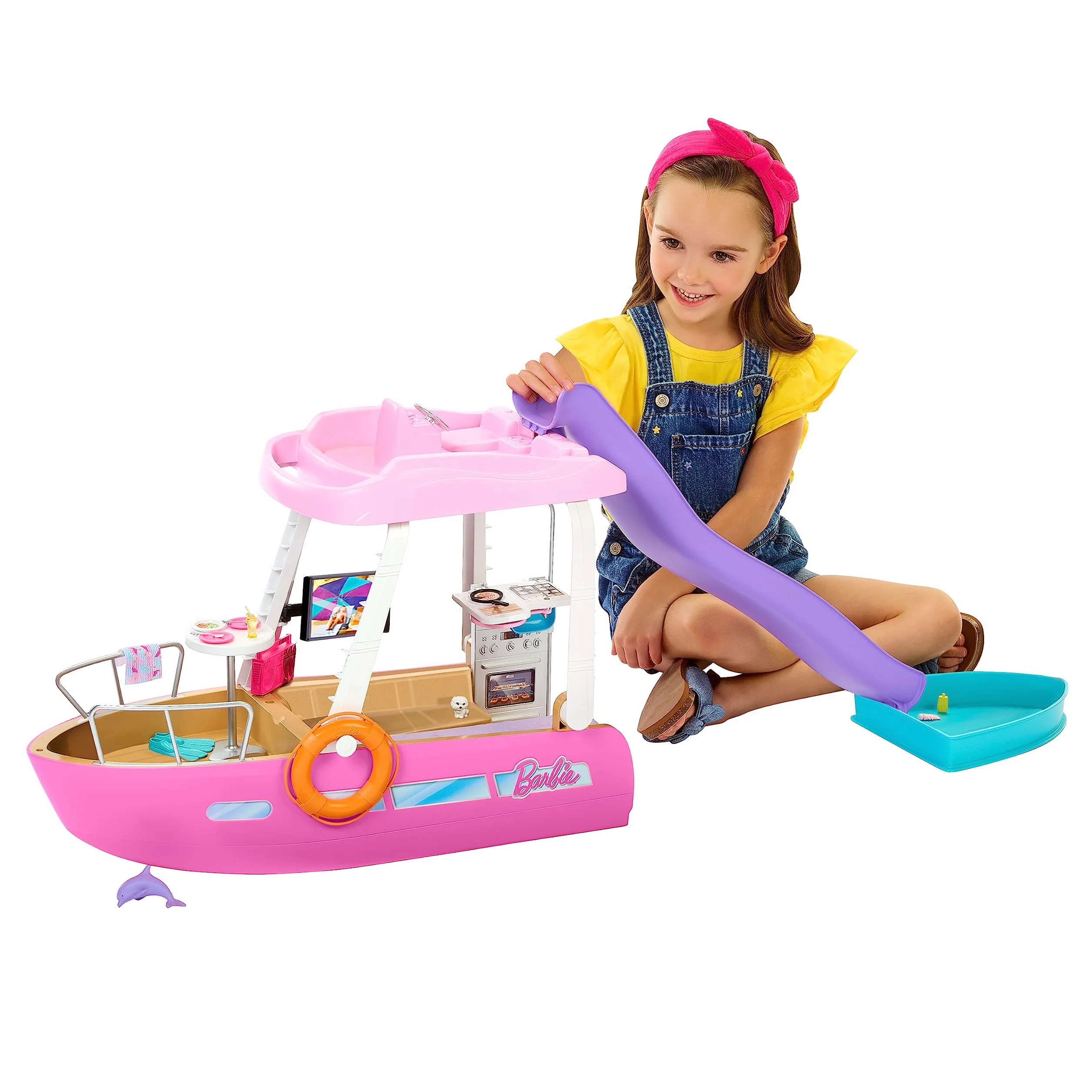 Barbie - Barca dei Sogni, Playset con piscina, scivolo, un delfino e 20+ accessori, giocattolo per bambini, 3+ anni, HJV37