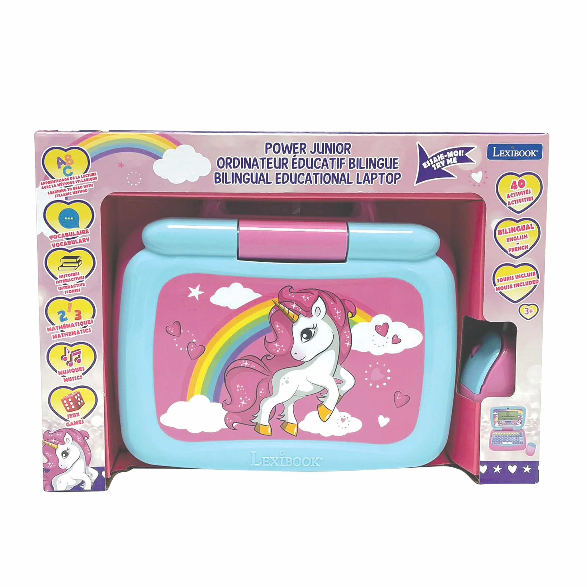Lexibook, Unicorno, Computer Portatile educativo bilingue Francese/Inglese con 40 attività di Cui Un Nuovo Modo per Imparare a Leggere e contare, JC398UNIi1