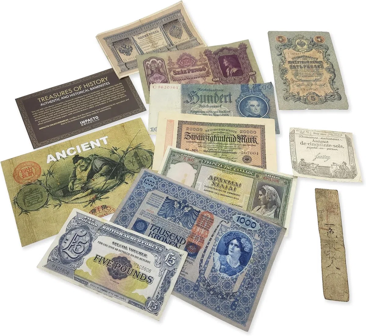 Collezione di 10 Banconote Antiche Autentiche 1792-2014, 4 Secoli di Storia con Certificato di Autenticità