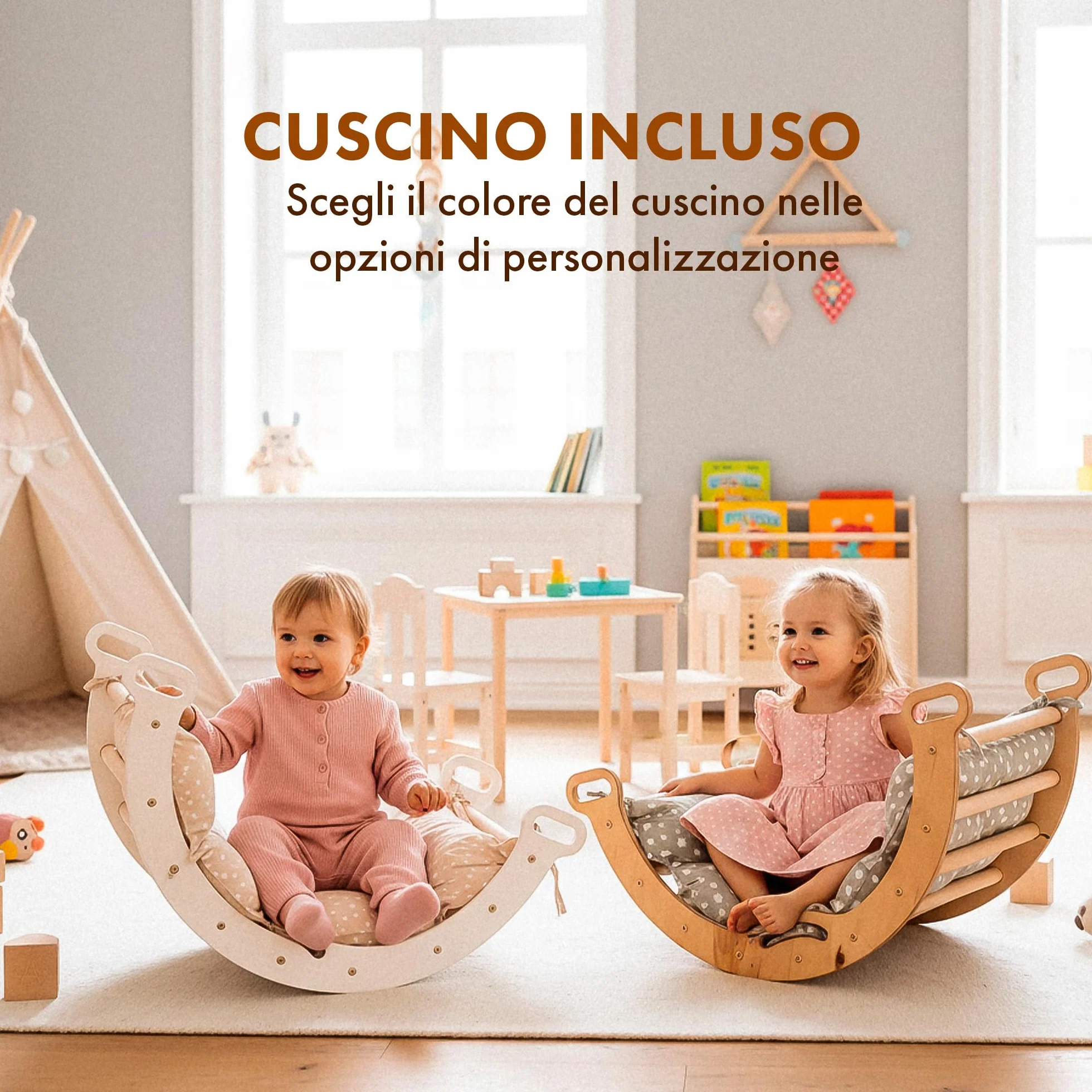 Goodevas 5-in-1 Telaio da Arrampicata per Bambini - Scala a Triangolo, Arco per Arrampicata, Balance Board e Cuscino, Telaio da Arrampicata Montessori, Palestra in Legno per Bambini da 1 a 3 Anni
