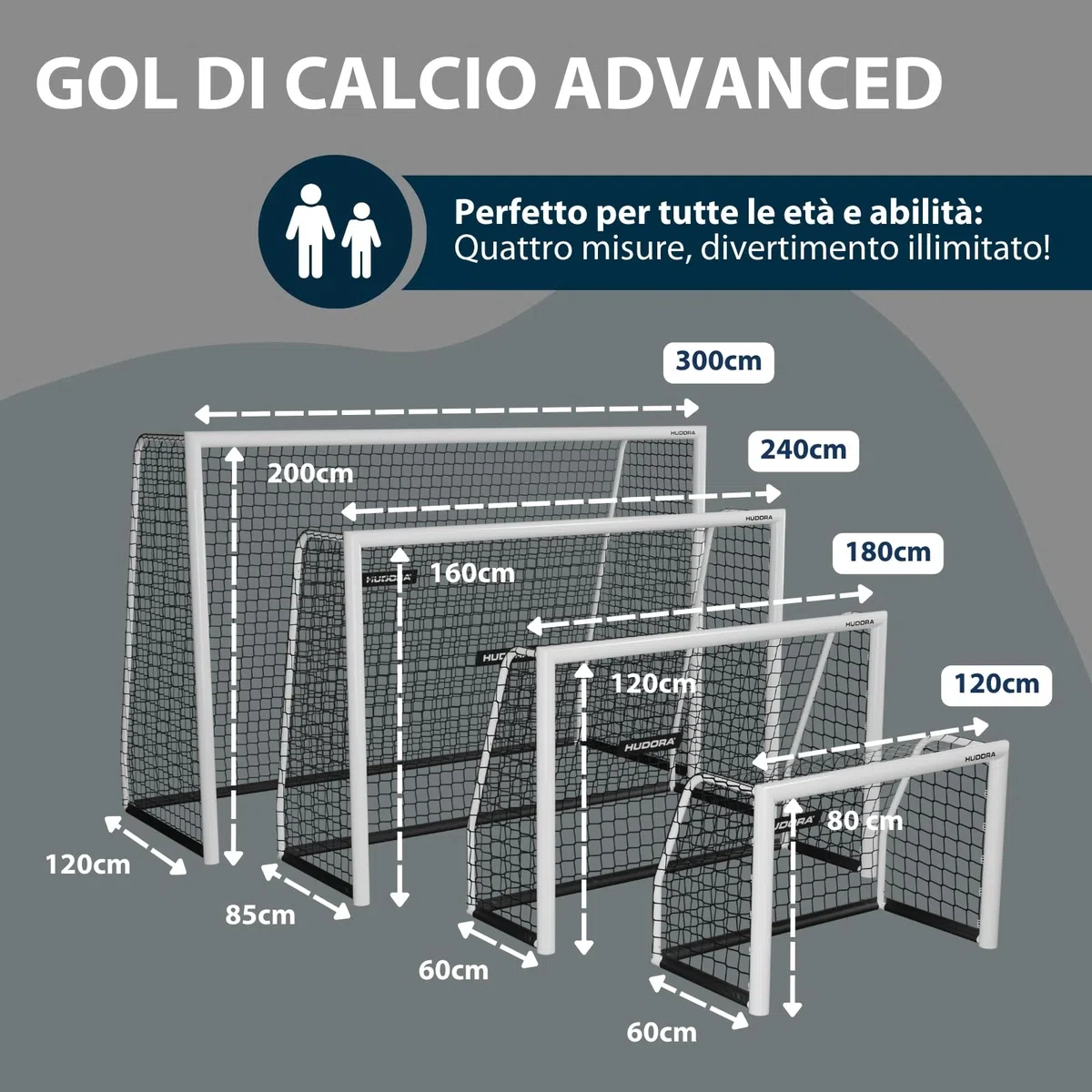 HUDORA Porta da calcio Advanced 300 - Porta da calcio per bambini/ragazzi e adulti - Porta da giardino - Porta da resistente alle intemperie e stabile con rete a maglia stretta