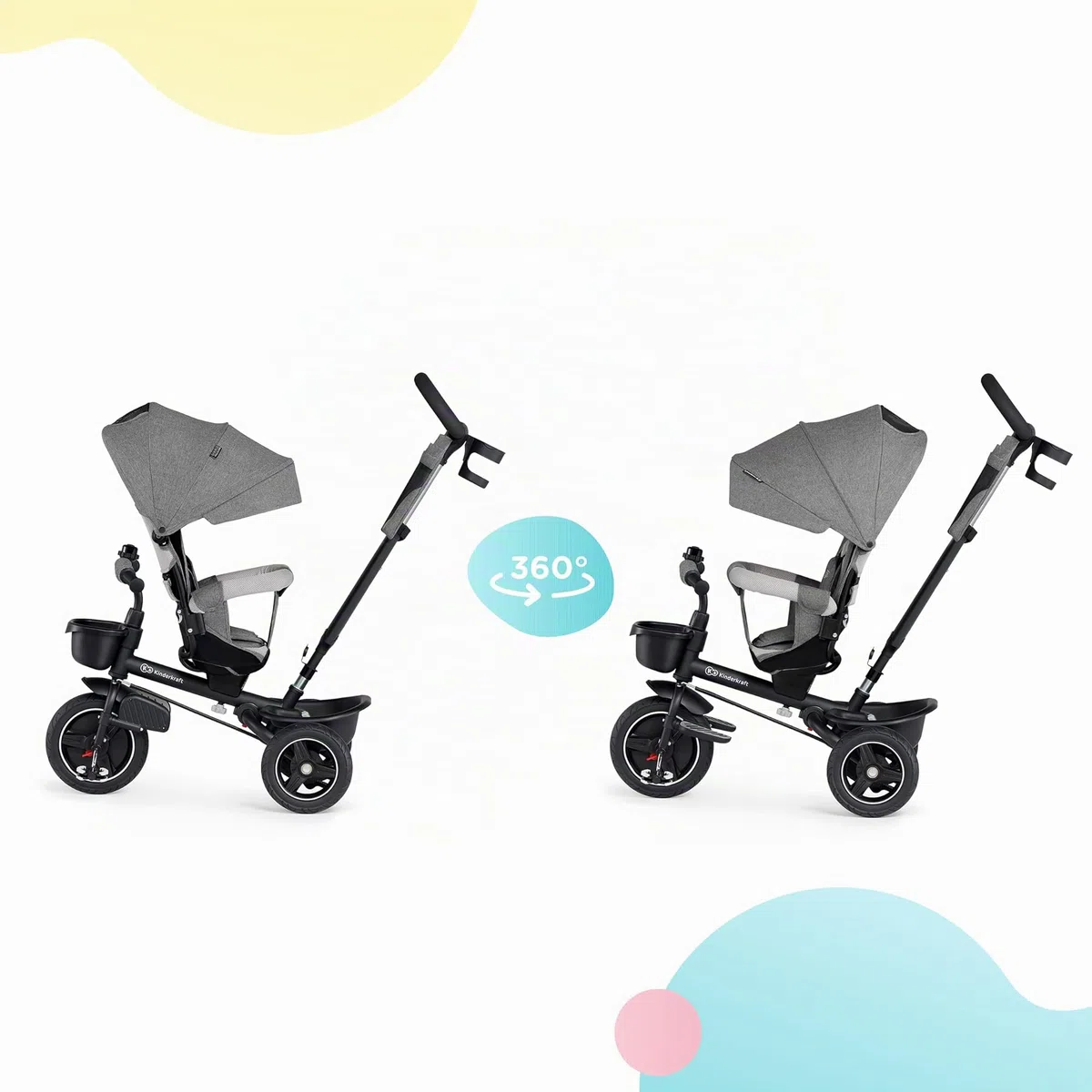 Kinderkraft SPINSTEP Triciclo bambini dai 9 Mesi con Maniglione, Cappottina impermeabile con filtro UPF50+, Pieghevole, Seduta girevole a 360 gradi, Grigio