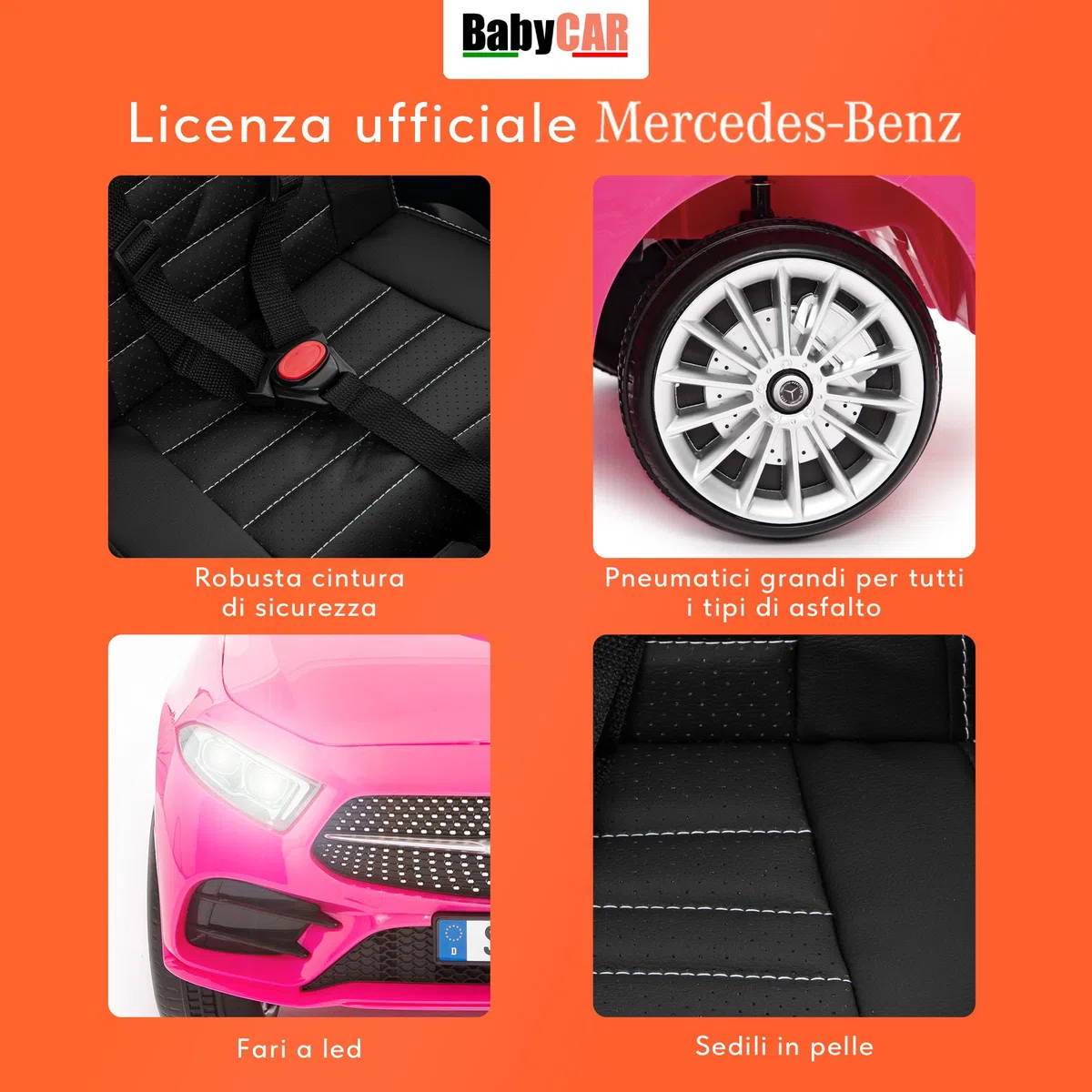 BabyCar Mercedes CLS 350 AMG Macchina Elettrica per Bambini 12V 2 Motori 25W Telecomandata Sedile in Pelle Porte Apribili MP3 USB Licenza Ufficiale Rosa