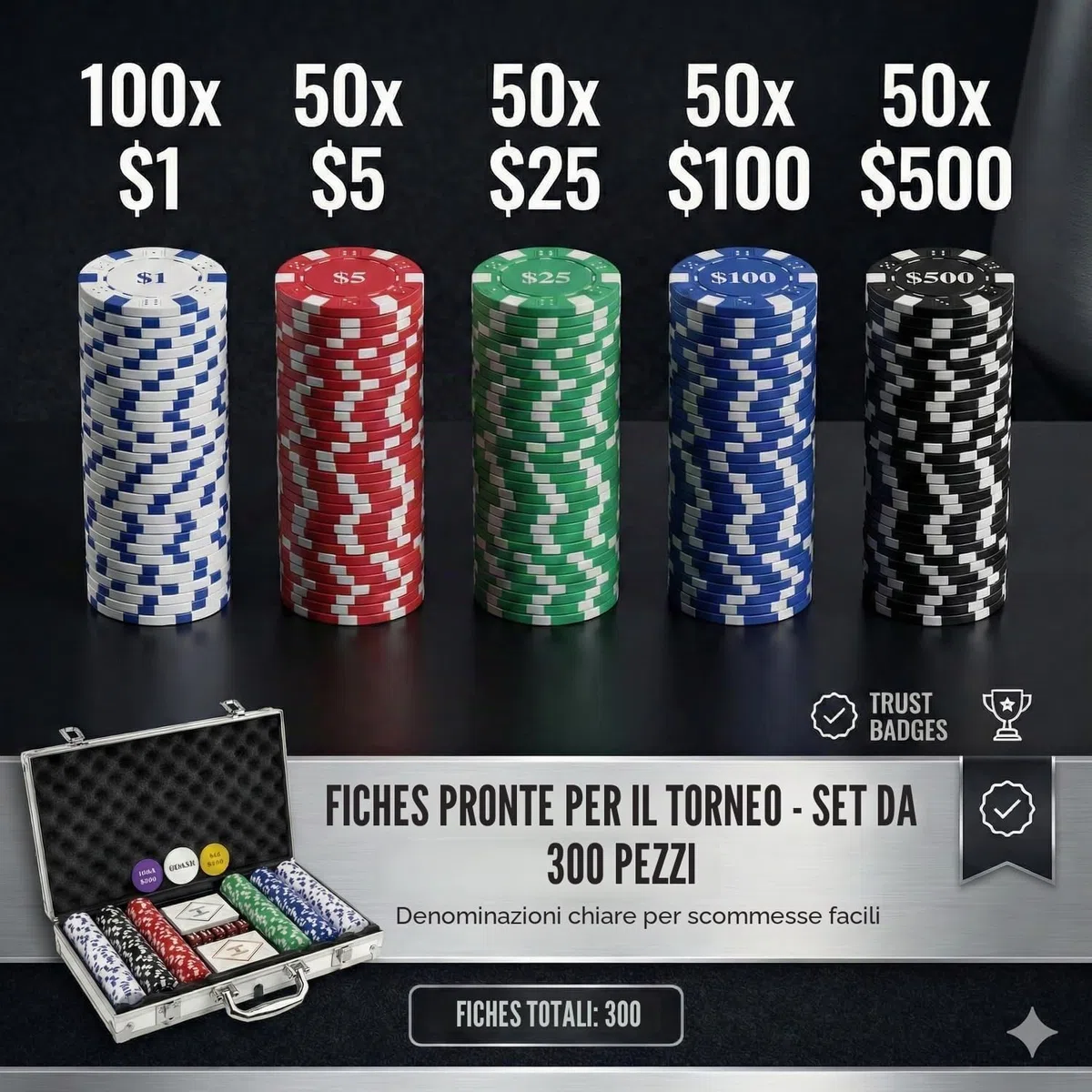 HEITOK Set Poker 300 Fiches Numerate 11,5g Valigetta Alluminio Rinforzata Texas Hold'em Completo