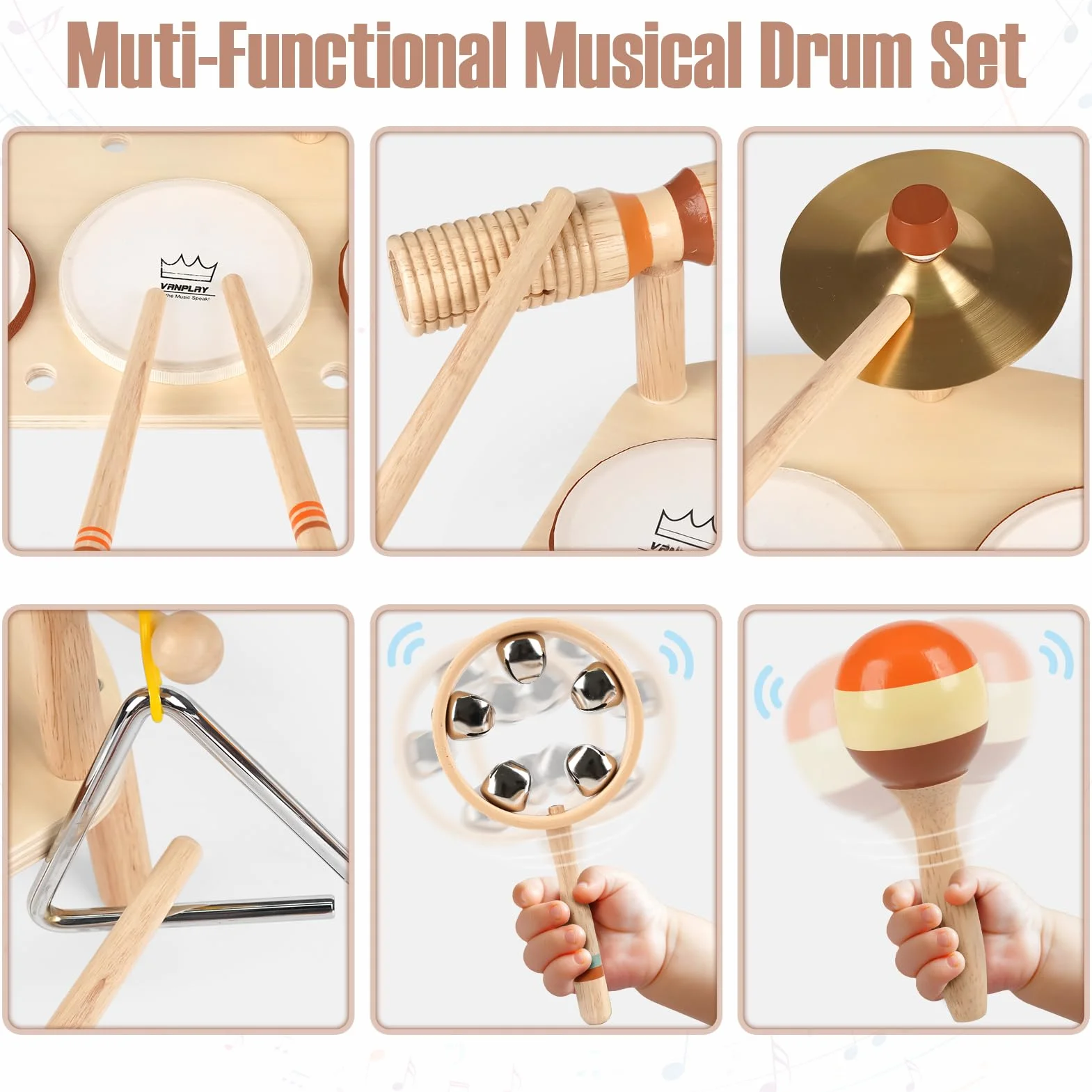 Vanplay Batteria in legno, strumenti musicali per bambini a partire da 1 anno con 3 tamburi e sonaglio a sonagli, tamburo giocattolo musicale per bambini, giocattolo Montessori da 1 anno