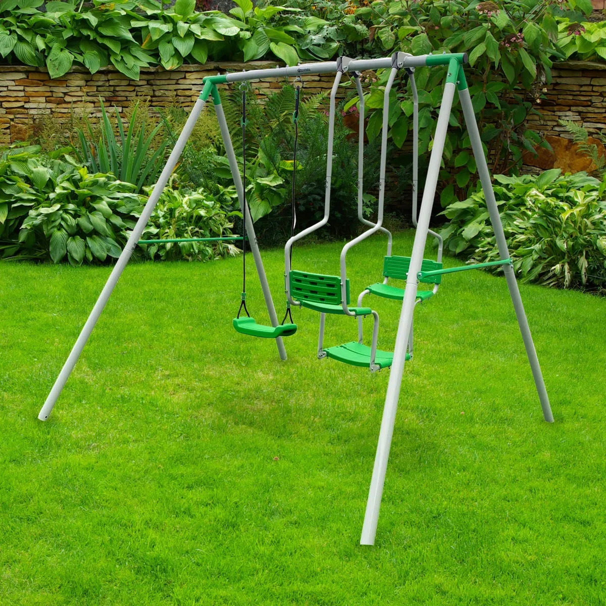 HyperMotion Altalena da Giardino per Bambini a 3 Posti, Set di Altalene per Parco Giochi, Telaio in Acciaio Resistente, Corda Regolabile in Lunghezza