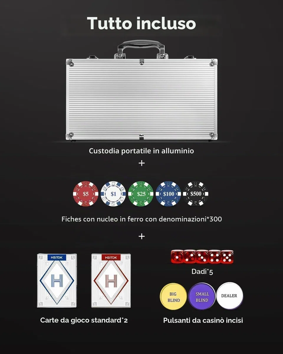 HEITOK Set Poker 300 Fiches Numerate 11,5g Valigetta Alluminio Rinforzata Texas Hold'em Completo