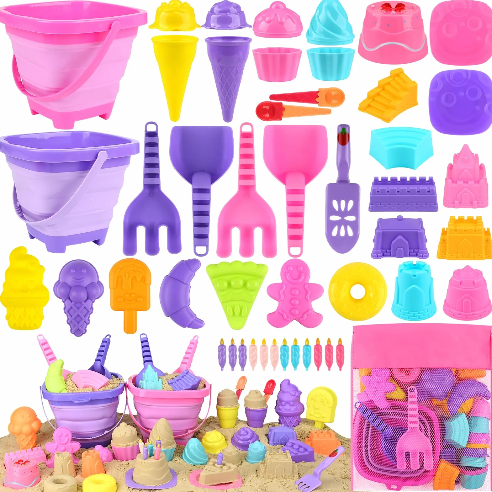 Joyreal 49 Pezzi Gelato Giochi Spiaggia Bambini - Secchiello Pieghevole, Paletta, Borsa Rete, Stampi per Dolce