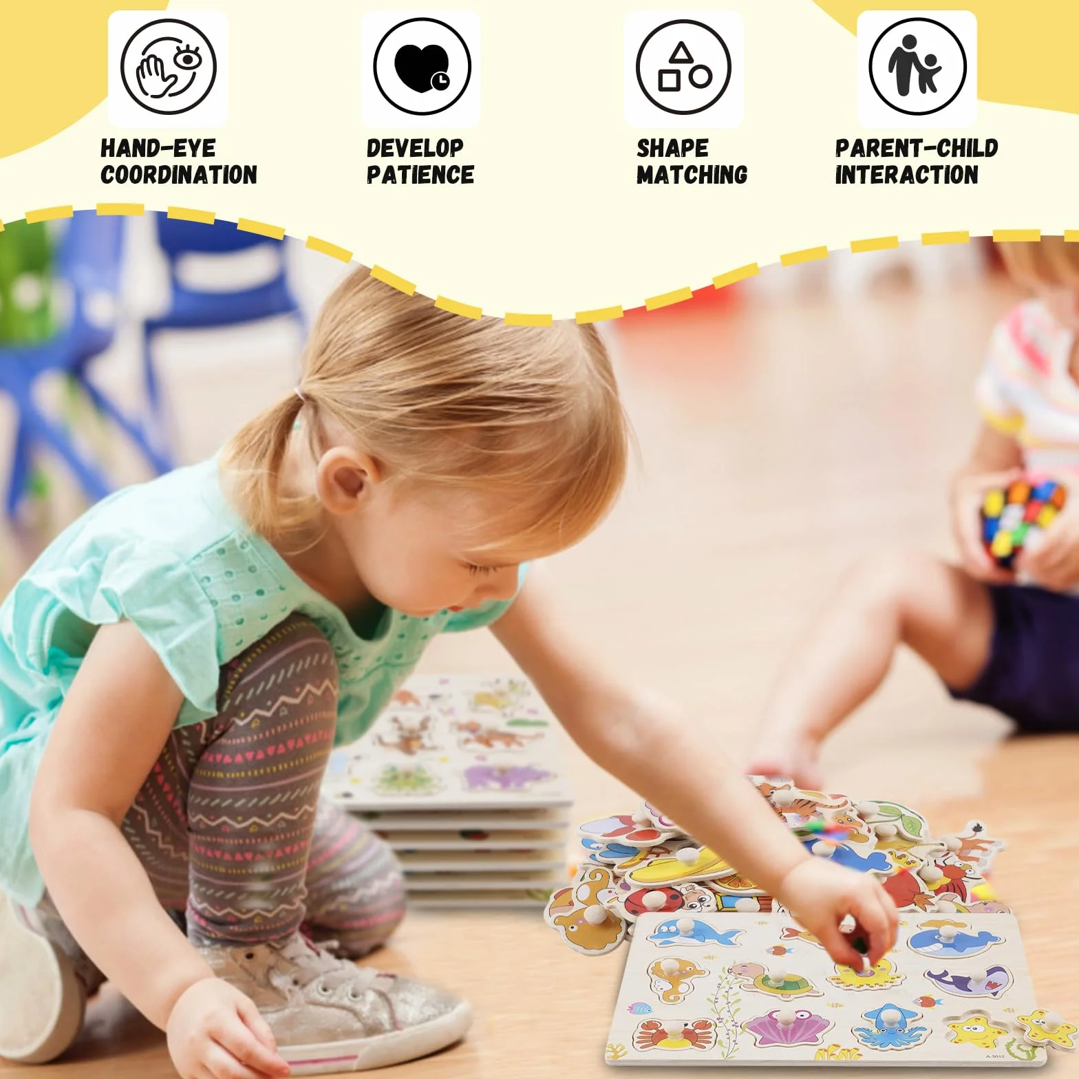 Puzzle con Bottoni in Legno per Bambini, 6 Pezzi Montessori Puzzle, Giocattolo Educativo Regalo per Bambini Ragazzi Ragazze