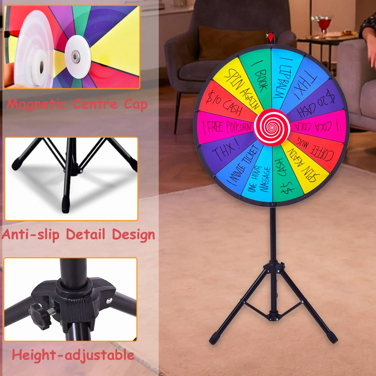 SOARS Ruota della Fortuna 24'', 14 Shot, da Terra con Altezza Regolabile, con Pennarello e Cancellino Riutilizzabile, Base Stabile a Treppiede, per Feste, Carnevale e Ferie (Ø60 cm, 111-157cm)