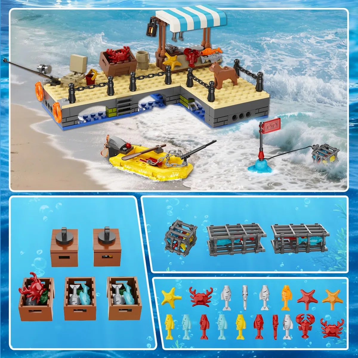 HiWEEGO Città barca da pesca cantiere navale – kit costruzione galleggiante oceano gru container, giocattolo regalo compleanno 6 7 8+