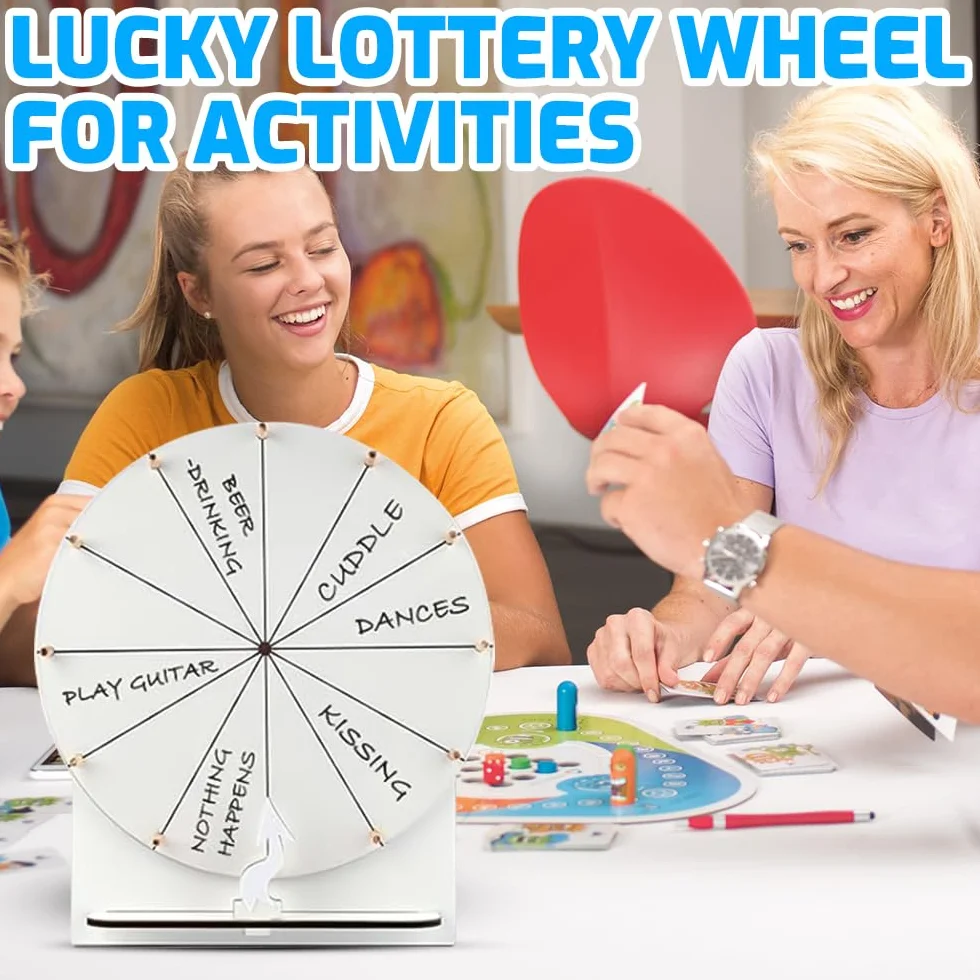 Ruota della Fortuna, 29cm Ruota dei Premi Che Gira, Ruota Girevole per Giochi con 12 Slot, Ruota della Fortuna Personalizzabile con Gomma e Pennarello per Feste, Pub, Carnevale, Fiere(Bianco)