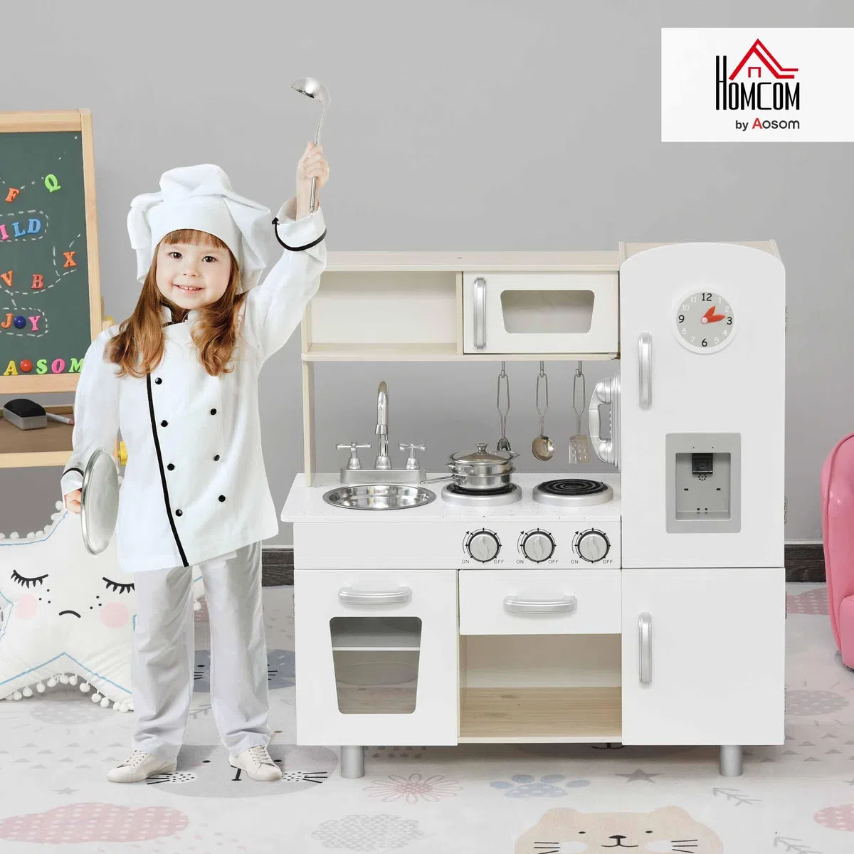 HOMCOM Cucina Giocattolo in Legno per Bambini con Lavandino e Fornelli, Pentole e Utensili in Acciaio, 74x30x81cm, Bianco