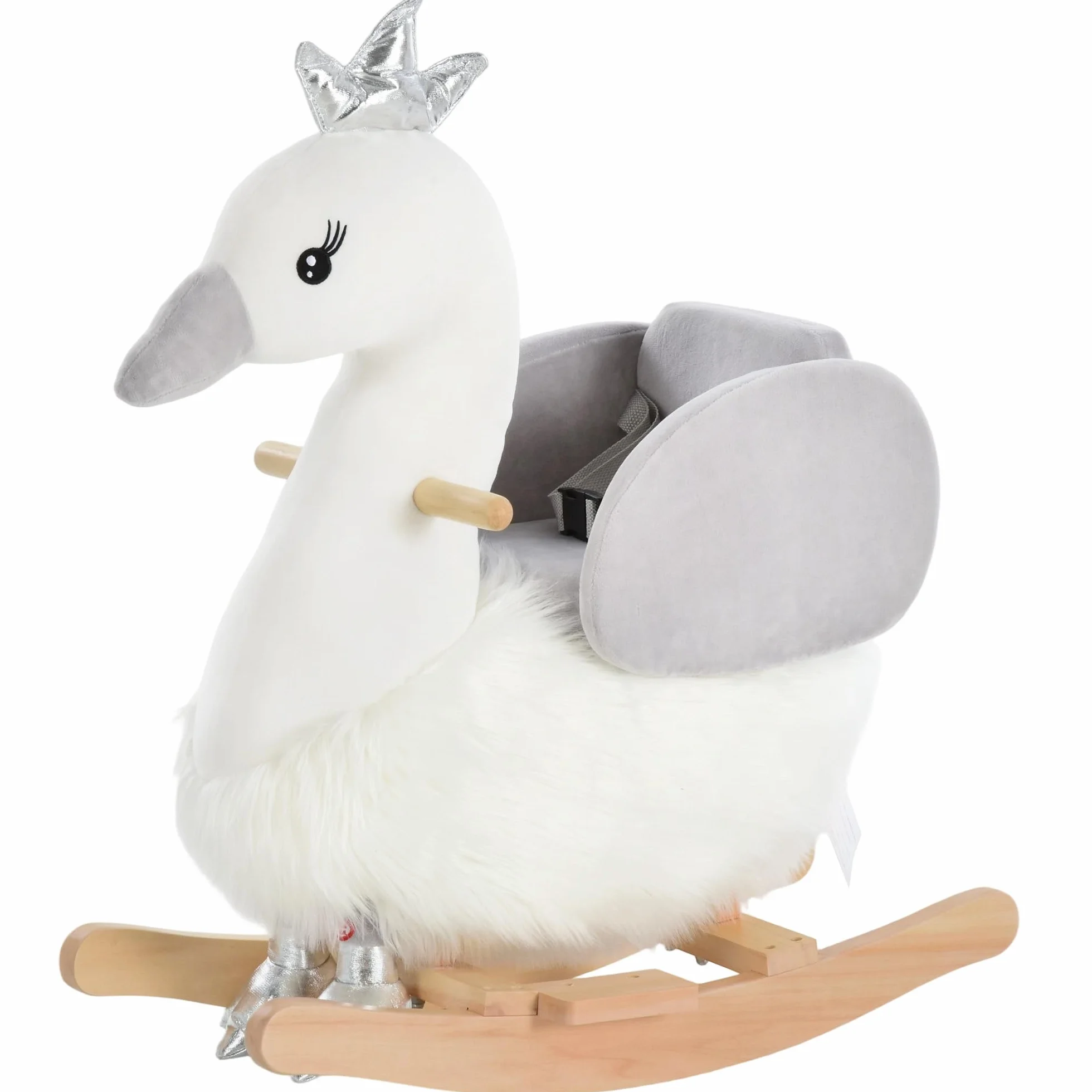 HOMCOM Cavallo a Dondolo per Bambini a Forma di Cigno, Dondolo Giocattolo Cavalcabile per Bambini 18-36 Mesi (Max 40kg), in Legno di Pioppo e Peluche, Bianco e Grigio