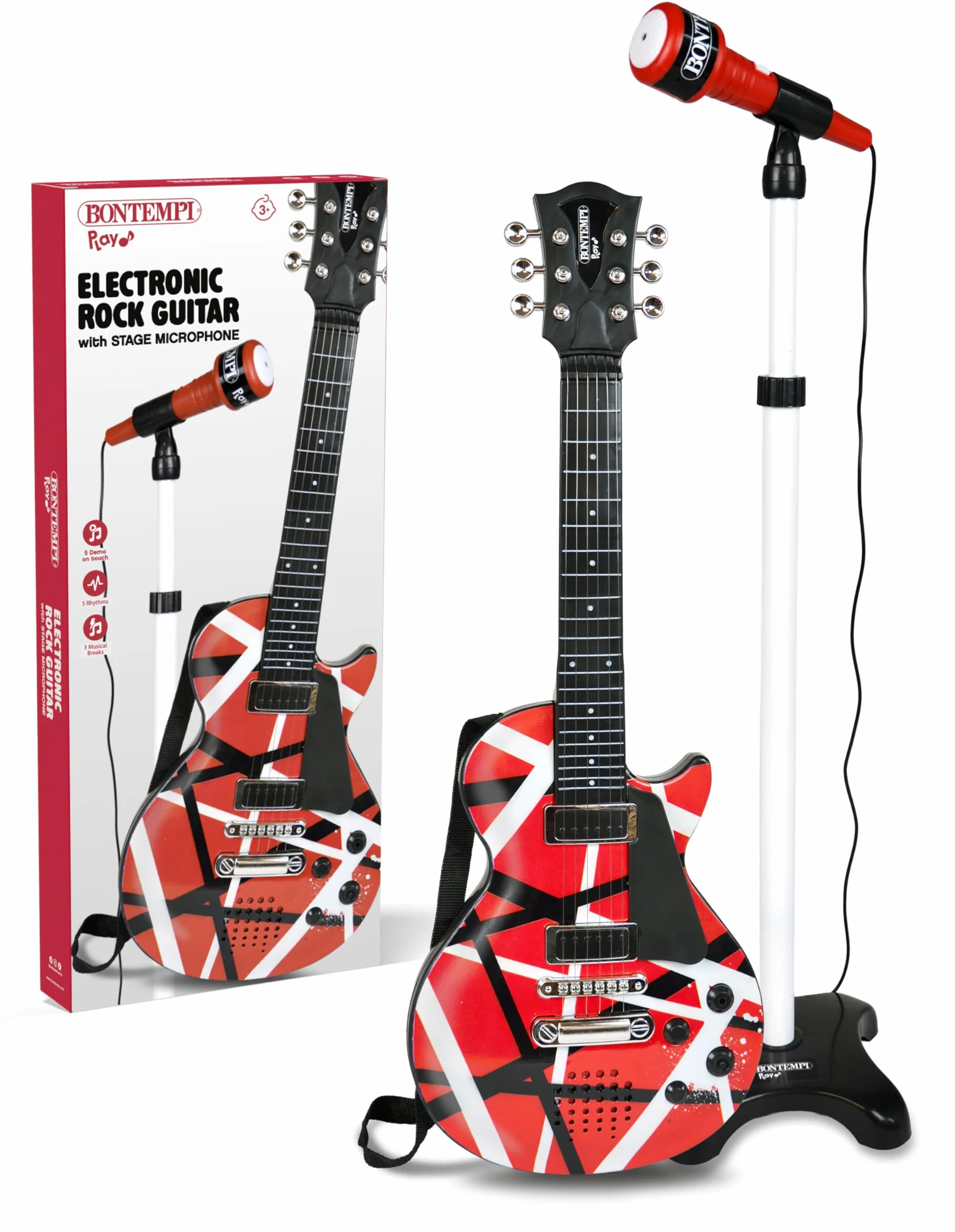 BONTEMPI - Chitarra Rock Elettronica con 6 Corde di Metallo 5 Demo Rock 3 Stacchi Musicali 5 Ritmi Spegnimento Automatico Cinghia Tracolla Presa Microfono 560mm