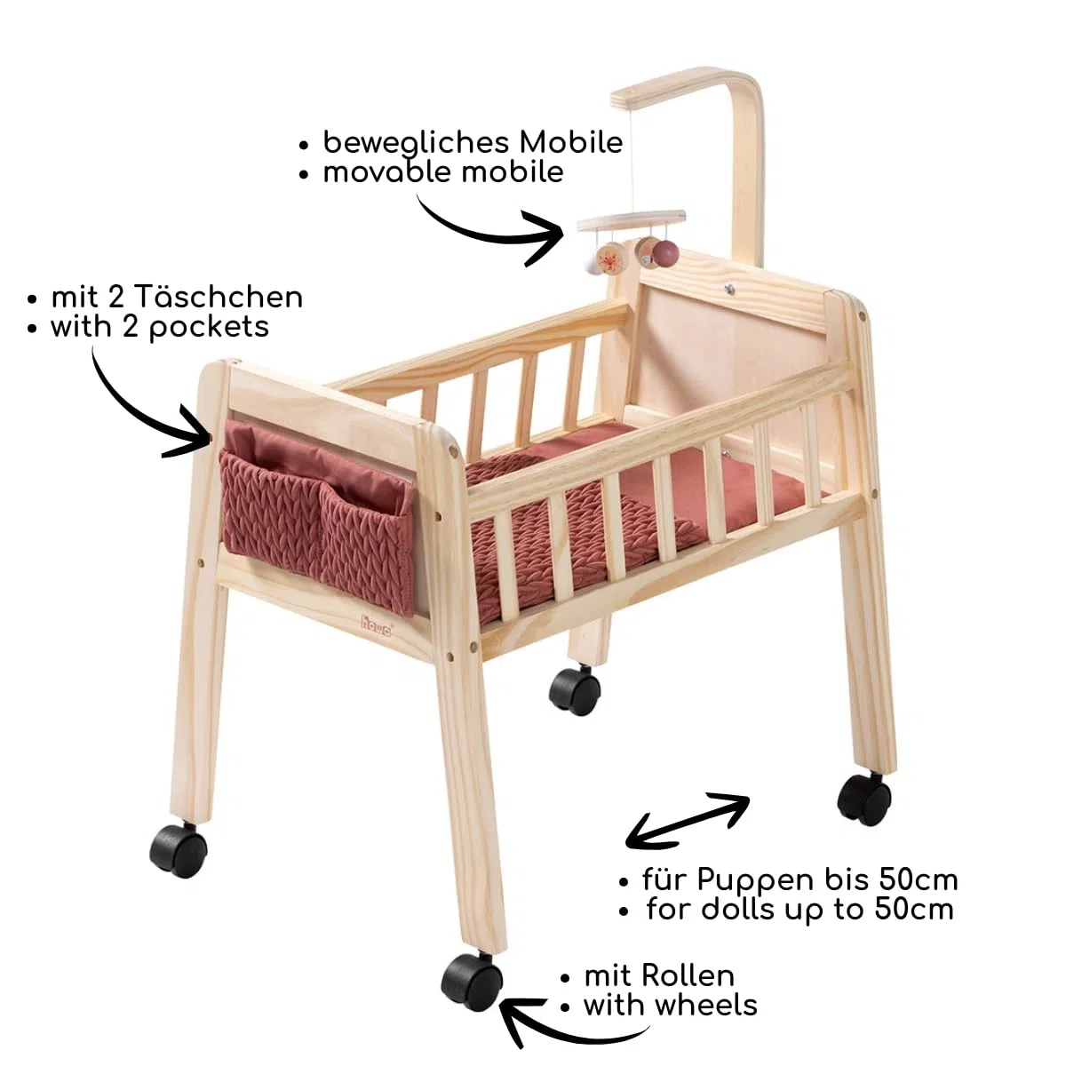 howa Letto per bambole in legno Grace con ruote, mobile, materasso, coperta e borsa in tessuto, mobili per bambole fino a 50 cm 2170
