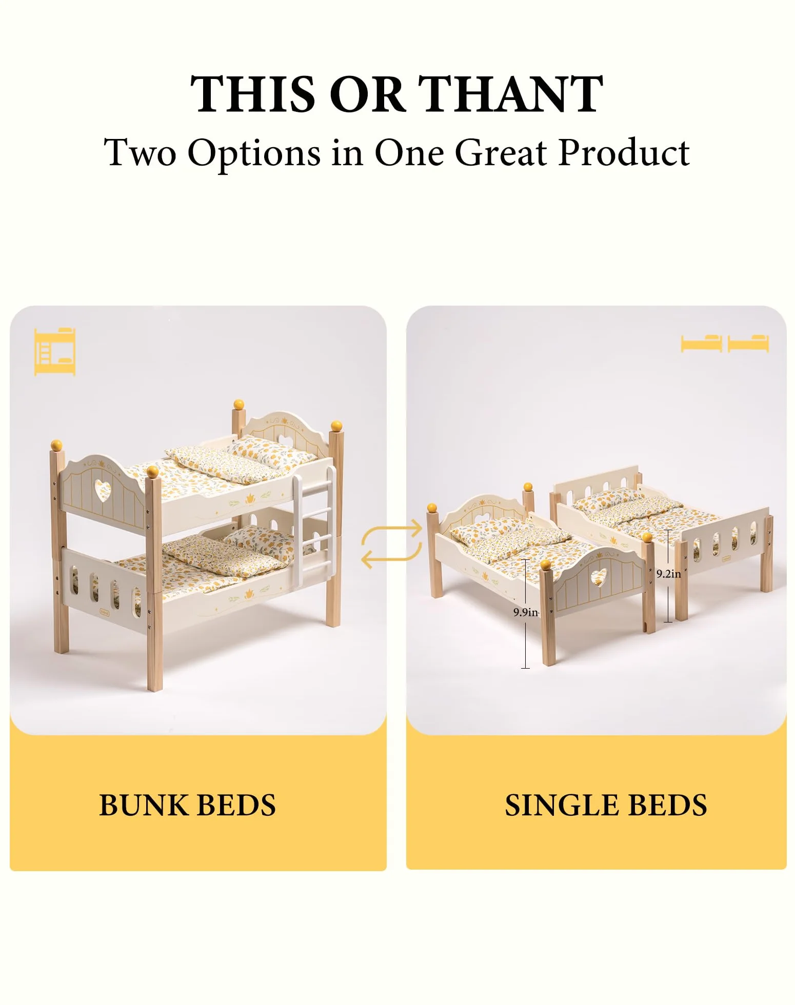 ROBOTIME Letto a castello per bambole in legno da 18", lettino per bambole trasformabile con scaletta e biancheria da letto, culla per bambole impilabile, regalo perfetto per bambini, color legno