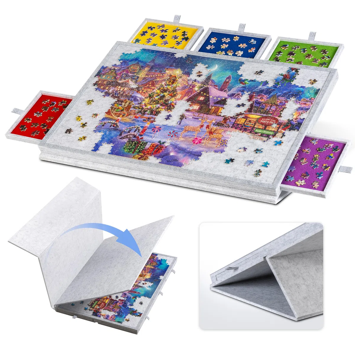 Lavievert Tavola puzzle inclinabile con supporto e copertura progettati 2 in 1, super leggero, in feltro, con 6 cassetti, tavolo puzzle portatile per giochi fino a 1000 pezzi, grigio chiaro