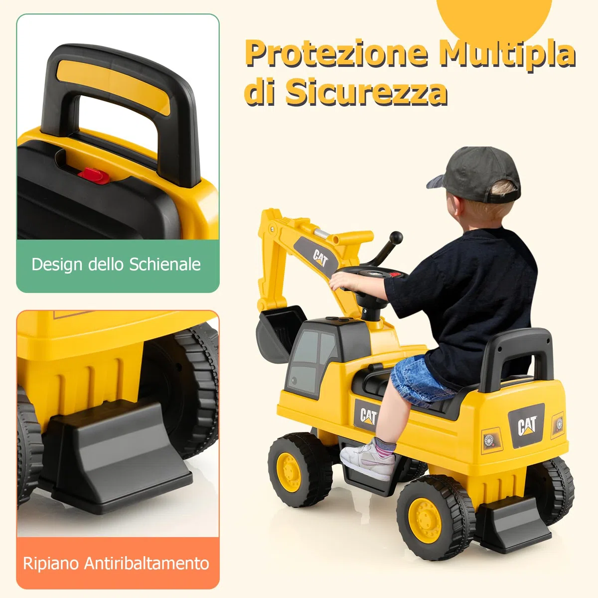 RELAX4LIFE Escavatore Ruspa Cavalcabile da 1-3 Anni per Bambini, con Licenza CATERPILLAR,Clacson suono,Braccio Girevole e Alzabile e e Vano Contenitore, 30x74x54 cm