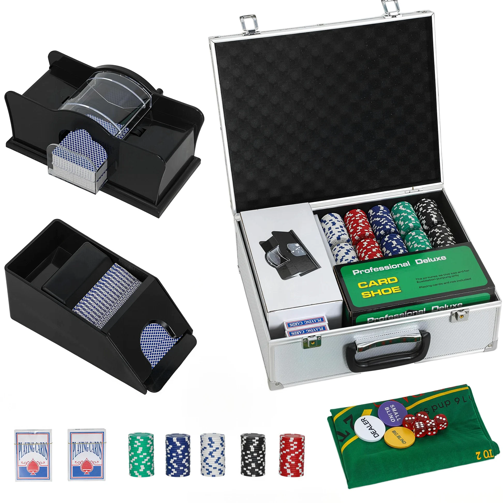 SPORTNOW Set da Poker Completo con 300 Fiches, Mescolatore di Carte, Distributore di Carte, 2 Mazzi di Carte, Tappetino, 5 Dadi, Pulsante Dealer e Valigetta per 8 Giocatori, Argento
