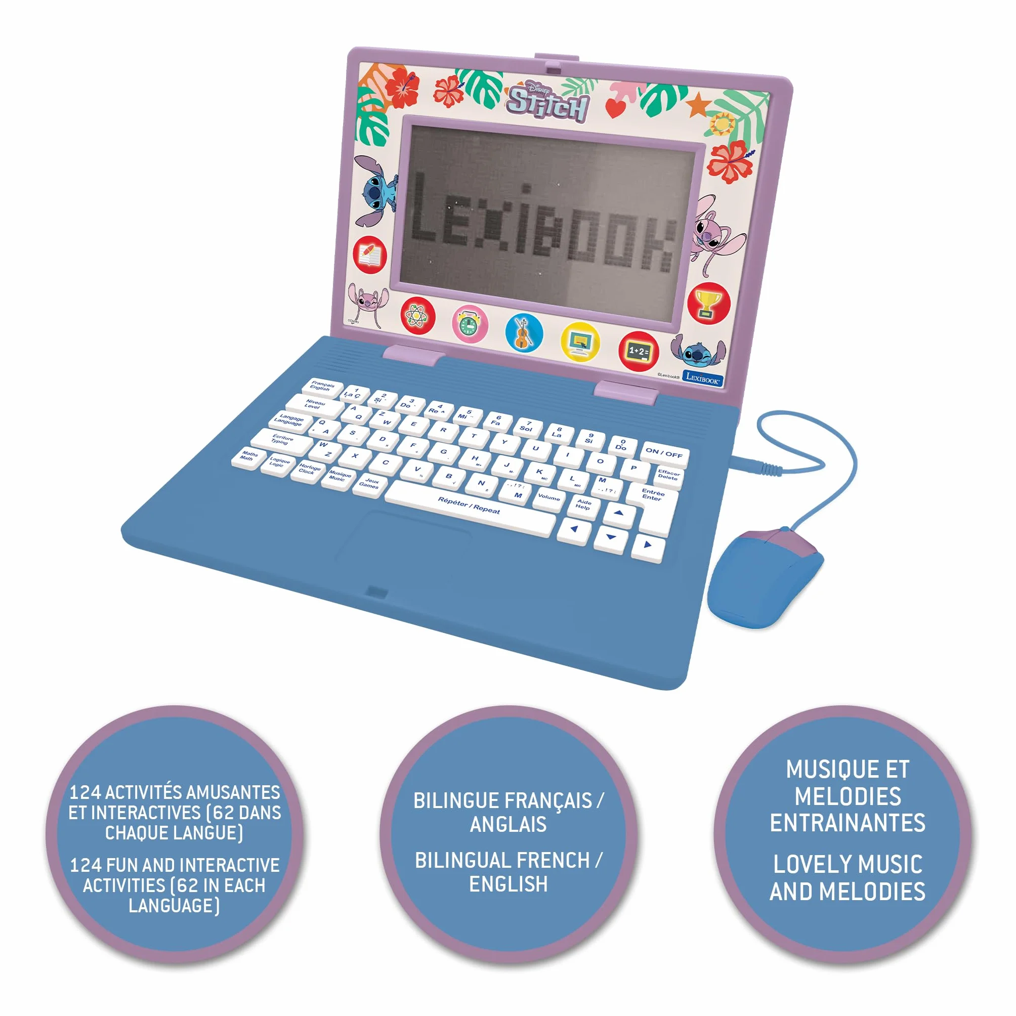LEXIBOOK, Disney Stitch, Laptop bilingue ed educativo Inglese/Francese Giocattolo per Bambini, 170 attività da Imparare, Giocare e Musica, Schermo Grande, Blu/Viola, JC599Di1
