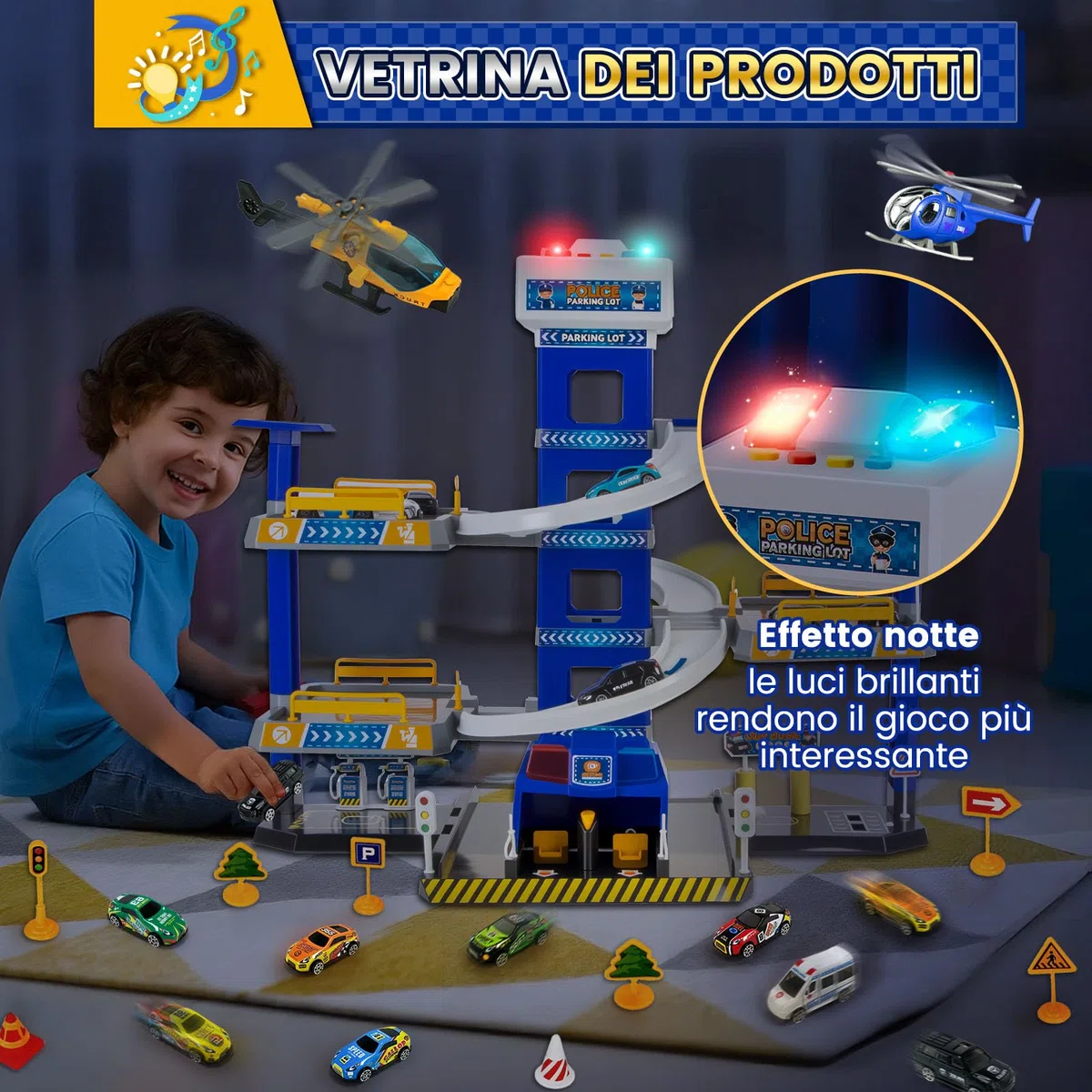 BuzzoXerex 5 Piani Garage Mmacchine per Bambini, Parcheggio Macchinine con 14 Autos e 2 Elicottero, Giocattolo Auto Garage con Ascensore e Rampe, Idea Regalo per Bambini 5 6 7 8 9 Anni (Polizia)