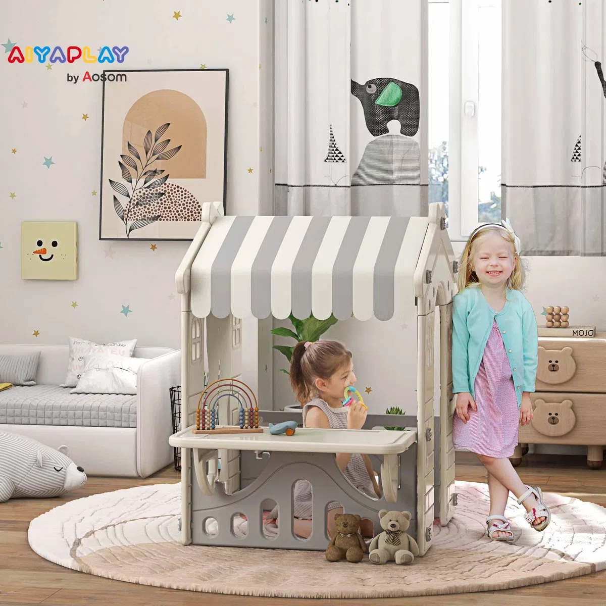 AIYAPLAY Casetta per Bambini con 4 Finestre, Porte ad Arco, Tetto e Bancone, Plastica, Crema