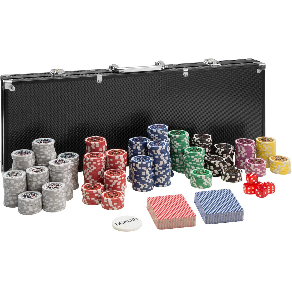 tectake® Set da Poker per Giochi con Chips Poker Professionali in Valigetta in Alluminio, 2 Mazzi di Carte da Gioco, Dadi, Fiches Grigie, Rosse, Blu, Verdi, Nere, Viola - 500 Pezzi - Nero