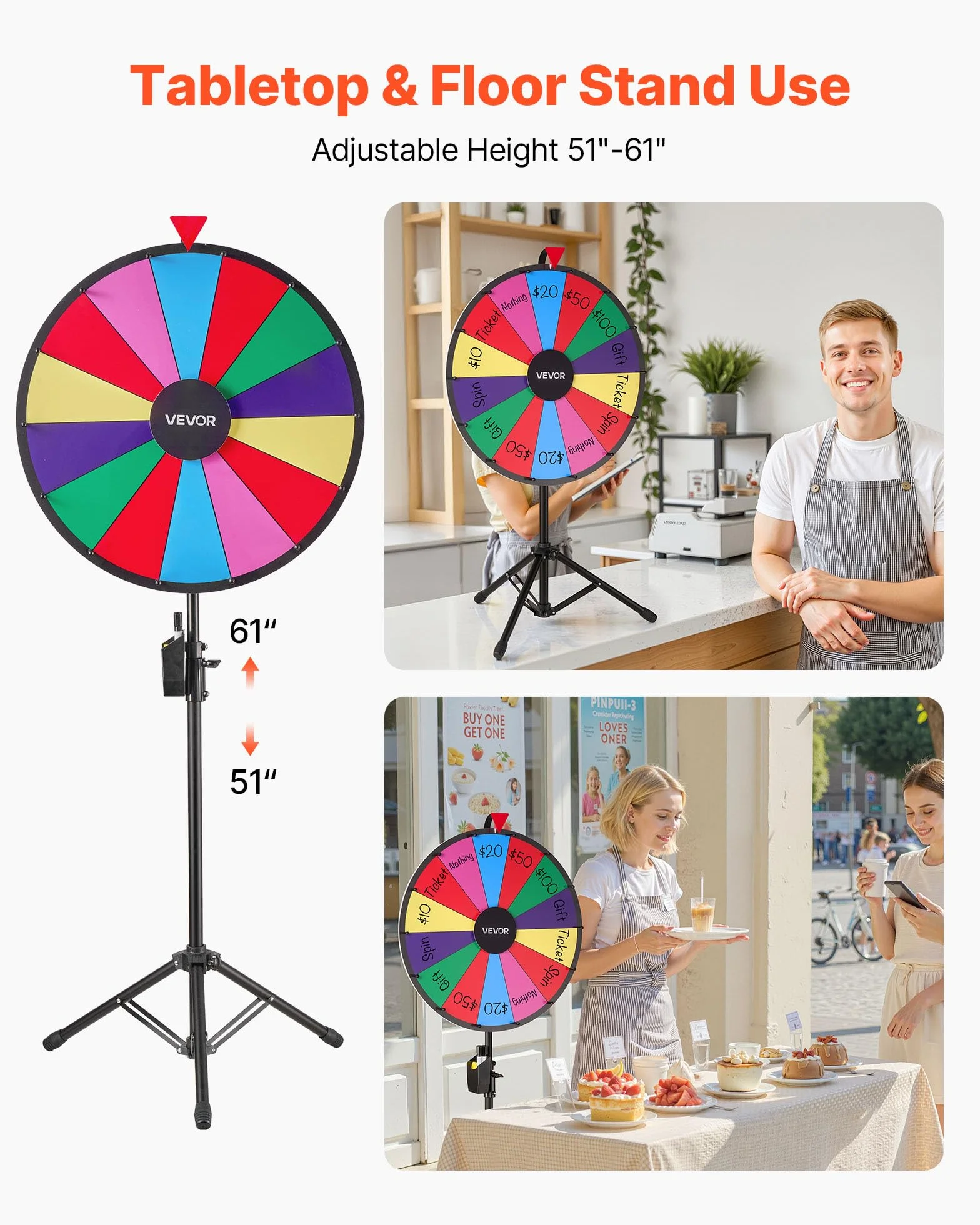 VEVOR Ruota dei Premi Girevole da 610 mm, Ruota Girevole a 14 Slot con Treppiede, Altezza Regolabile, Roulette Win Fortune con Cancellabile a Secco e 2 Pennarelli, 6 Colori, per Feste, Pub, Carnevale