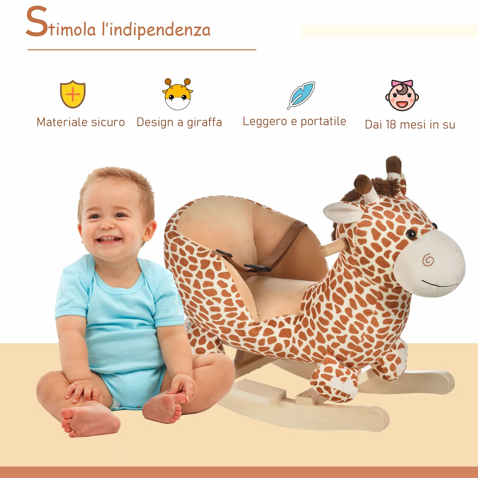 HOMCOM Cavallo a Dondolo in Legno Giraffa per i Bambini 60x33x45cm