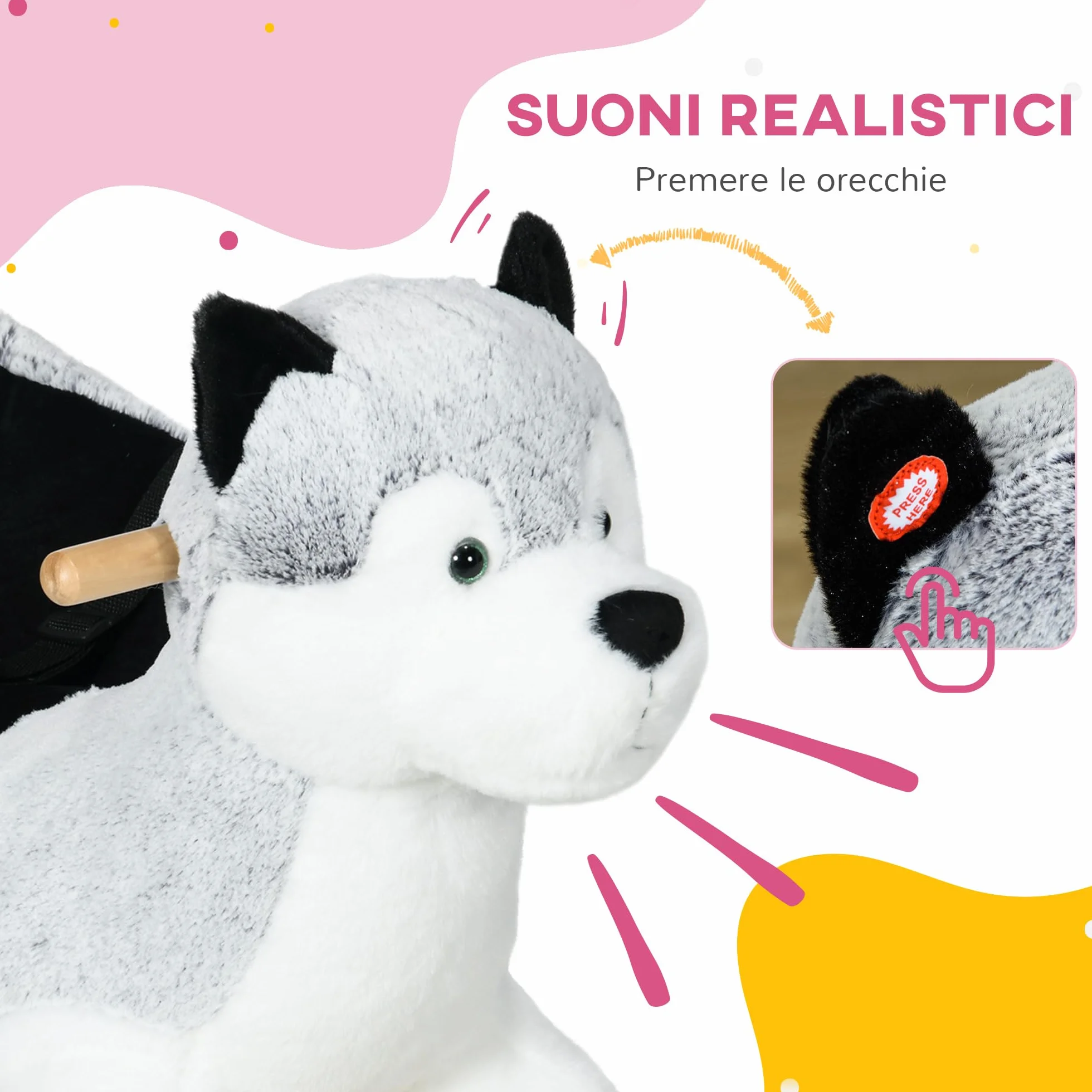 HOMCOM Cavallo a Dondolo per Bambini da 18-36 Mesi, Cavalluccio a Dondolo per Bambini Cavalcabile con Suoni Realistici, 60x33x50 cm, Grigio