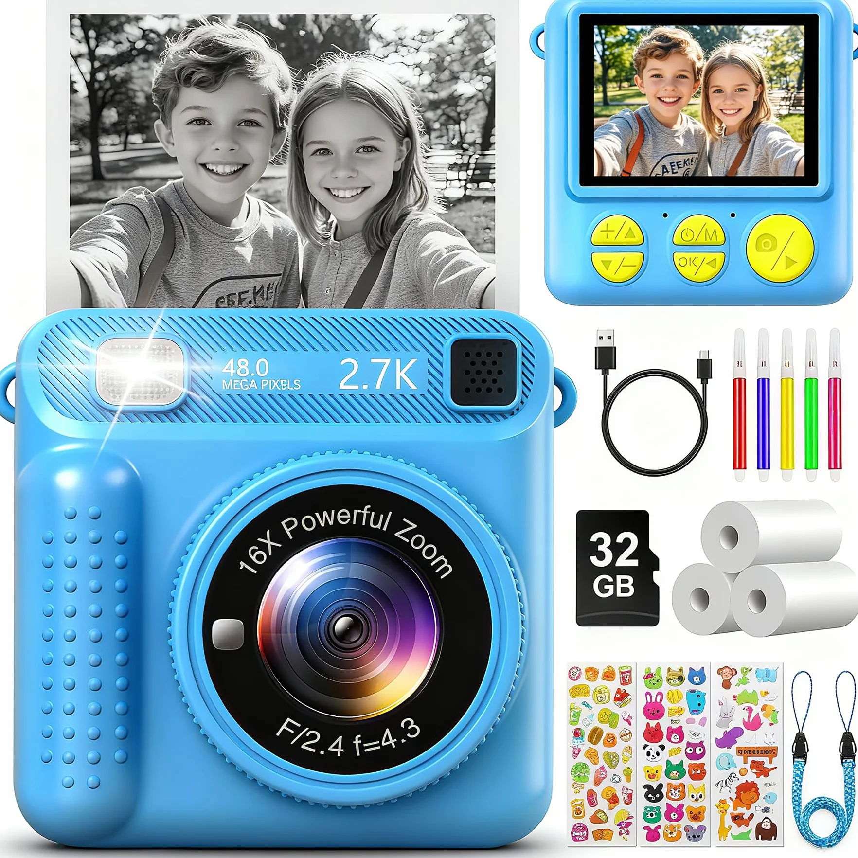 Macchina Fotografica Bambini Istantanea, 2.4 Pollici 1080P Fotocamera Bambini Digitale con 32GB Scheda e Carta da Stampa, Giocattolo Regalo di Natale Compleanno Bambino e Bambina 3-12 Anni