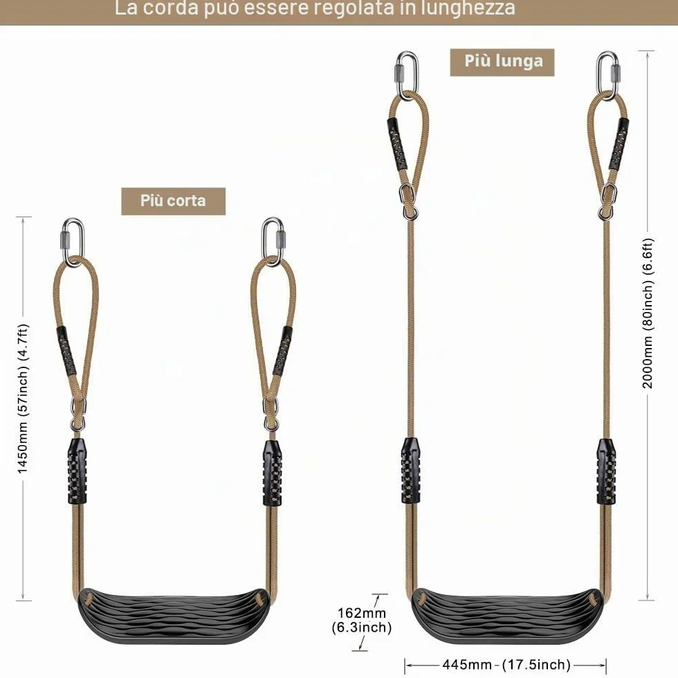 SELEWARE Seggiolino per Altalena in Plastica, Altalena Antiscivolo con Corda Regolabile e 2 Moschettoni, Accessorio per Altalena da Parco Giochi per Bambini Cortile Esterno, Nero