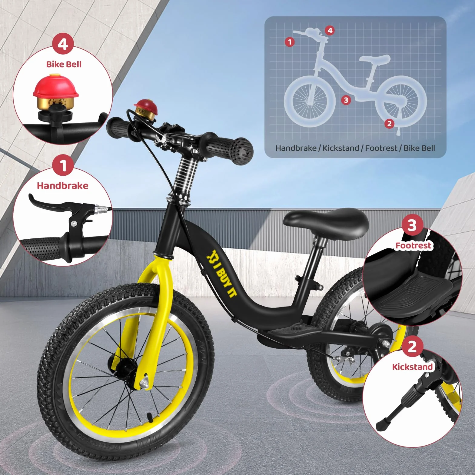 Bicicletta da 14/16 pollici a partire da 3 4 5 6 7 anni ragazzi ragazze ruote regolabili per bambini con freno e supporto, bicicletta per bambini senza pedali con pneumatici e poggiapiedi
