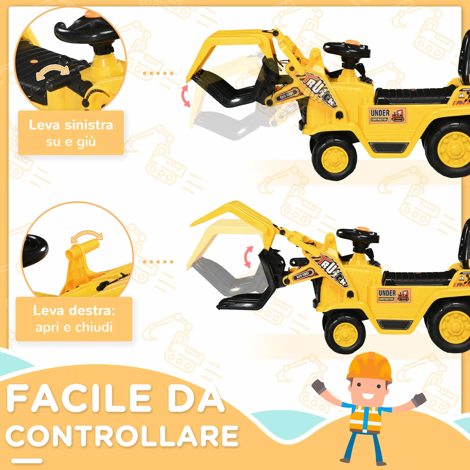 HOMCOM Escavatore per Bambini 2-4 Anni Manuale con Pinza, Pulsante per Suoni e Spazio Portaoggetti Nascosto, in PP e ABS, 83x27x39 cm, Giallo e Nero
