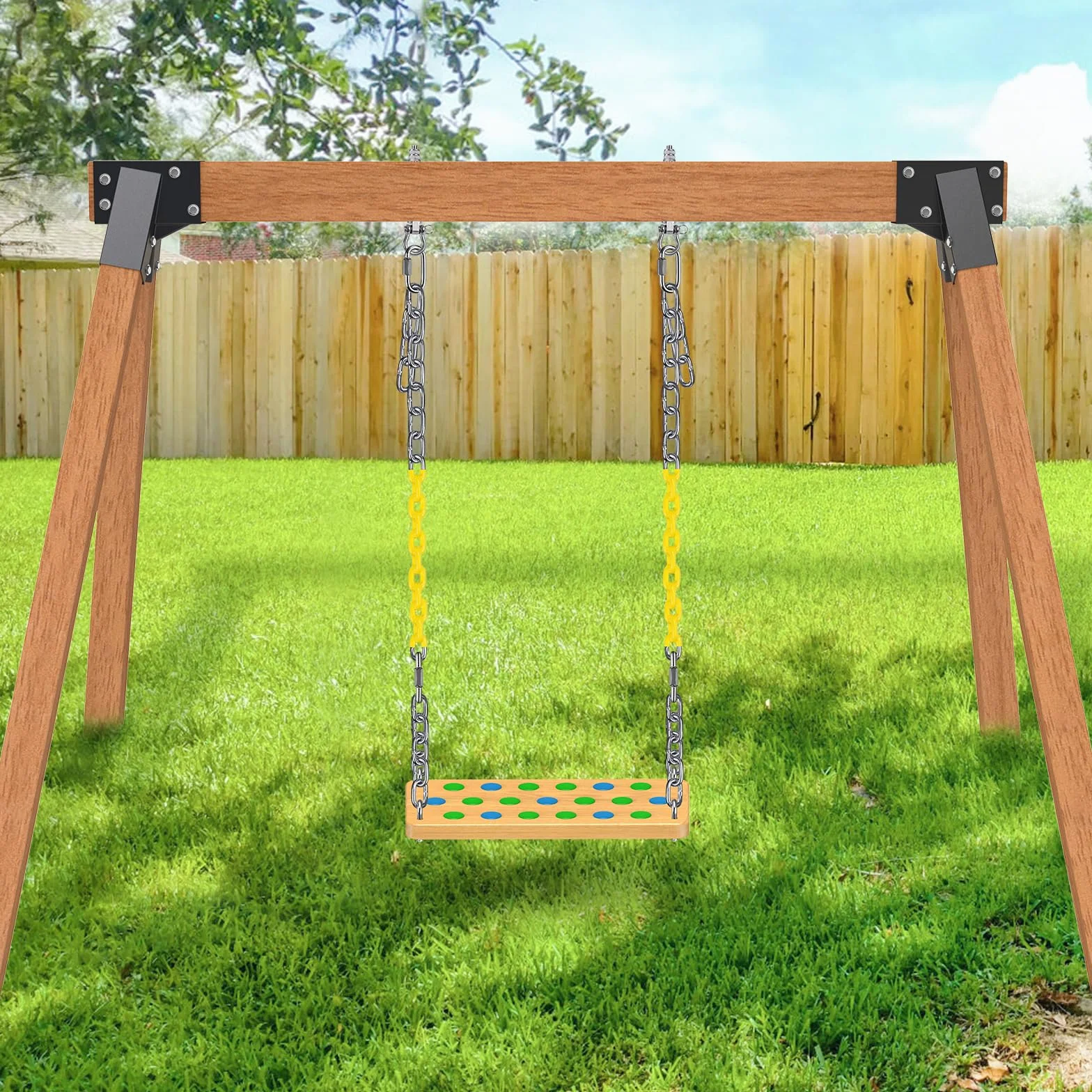 SELEWARE Sedile per altalena in legno per bambini e adulti, sedile piatto antiscivolo di ricambio con catena, set di altalene per parco giochi, accessori per altalena da giardino all'aperto