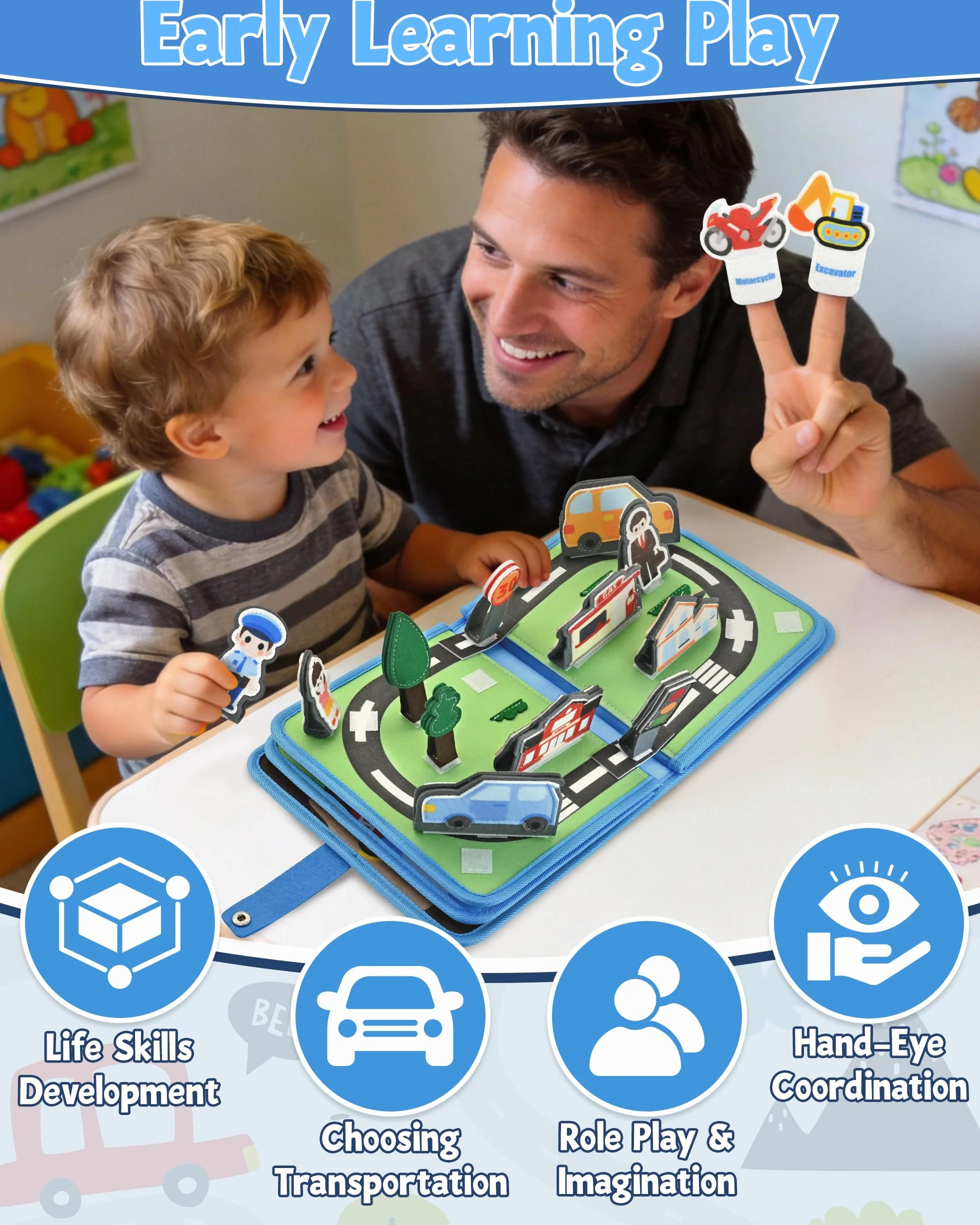 Libro Montessori Interattivo 1 Anno – Busy Board Sensoriale Educativo con Tema di Trasporto, 10 Pagine di Attività, Giochi Montessori per Bambini 1-3 Anni, Regalo Didattico e Creativo