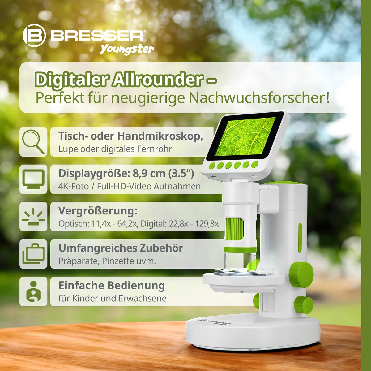 Bresser Youngster Microscopio digitale LCD per bambini, display da 3,5", ingrandimento 11,4x-129,8x, foto 4K, video Full HD, microscopio portatile e da tavolo, batteria