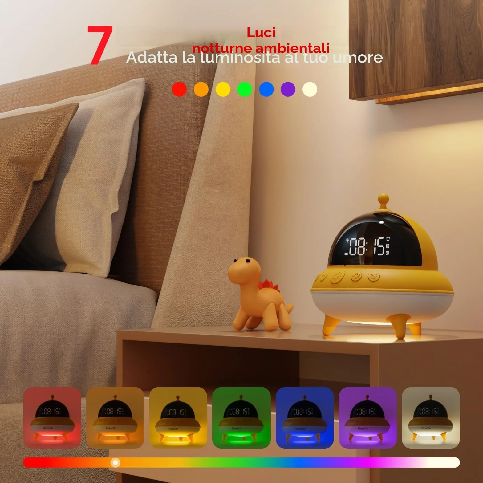 BEAVERLAB - Sveglia per bambini e ragazzi, con 7 colori, luce notturna per bambini, 0 dB, carica USB-C e batteria da 15 giorni, per camera da letto