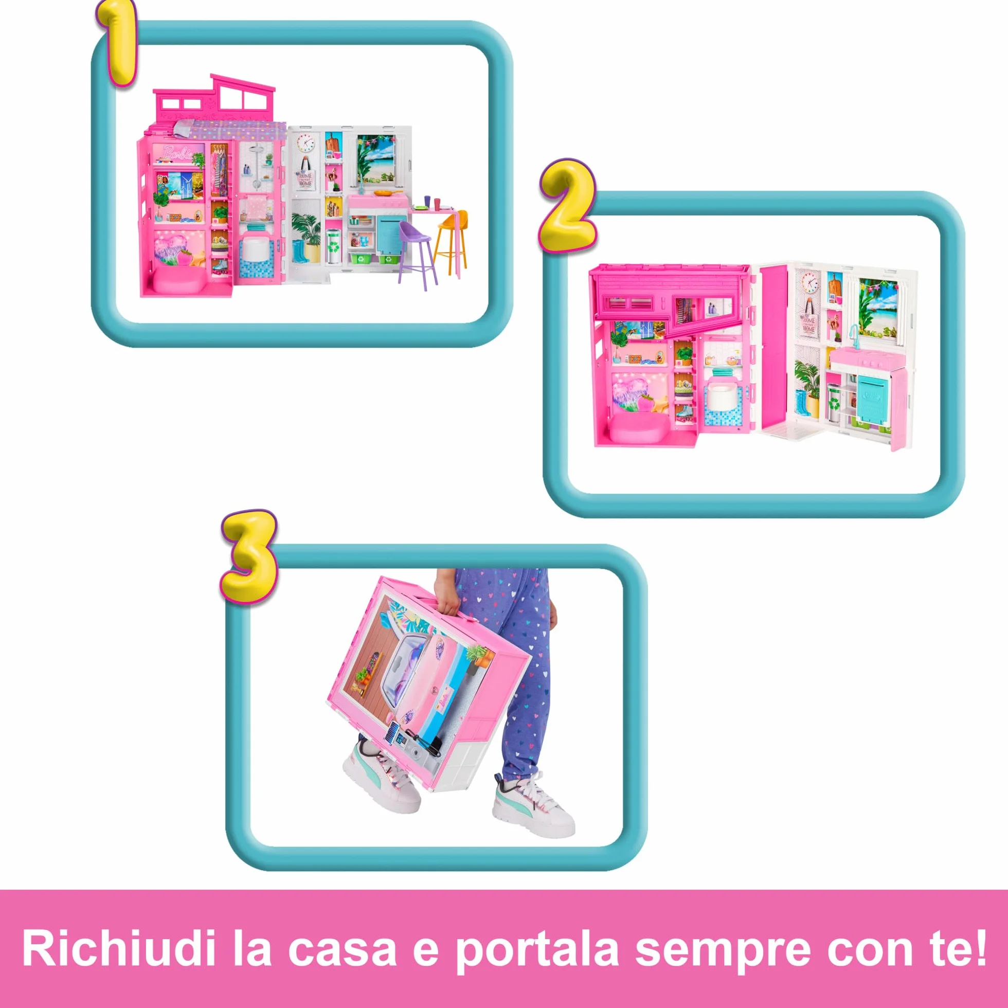 Barbie - Casa delle Vacanze, playset con 4 aree di gioco e 11 accessori decorativi inclusi, con cucina, bagno camera da letto e soggiorno, giocattolo per bambini, 3+ anni, HRJ76